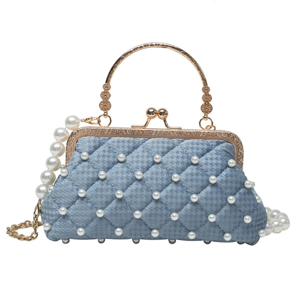 SKREOJF Women's Evening Clutch Bag with Pearl Chain & Diamond Lattice Design - Elegant Wedding Handbag with Metal Handle (Blue, One Size) | Perfect for Parties, Proms & Special Occasions