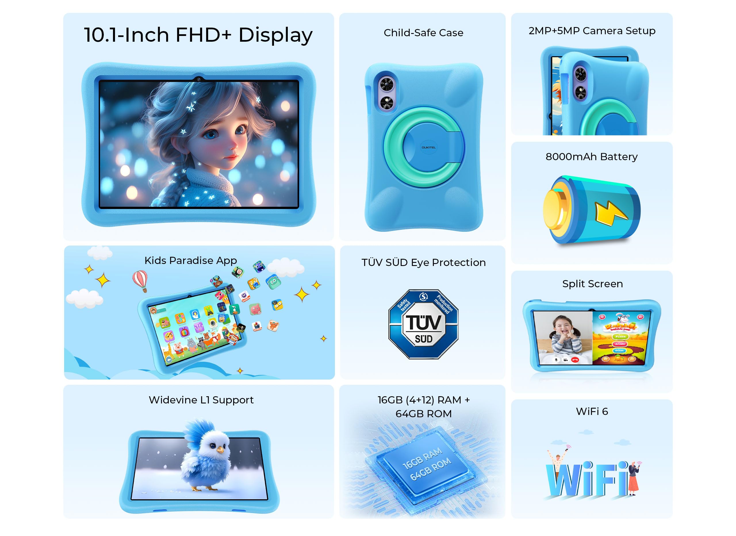 OUKITEL OT6 Kids Tablet - 10 Inch HD Display, 16GB RAM + 64GB ROM, Android 13, 8000mAh Battery with Parental Control | Bluetooth 5.0, Preloaded Educational Games, Durable Blue Design - Perfect for Learning, Entertainment & Travel