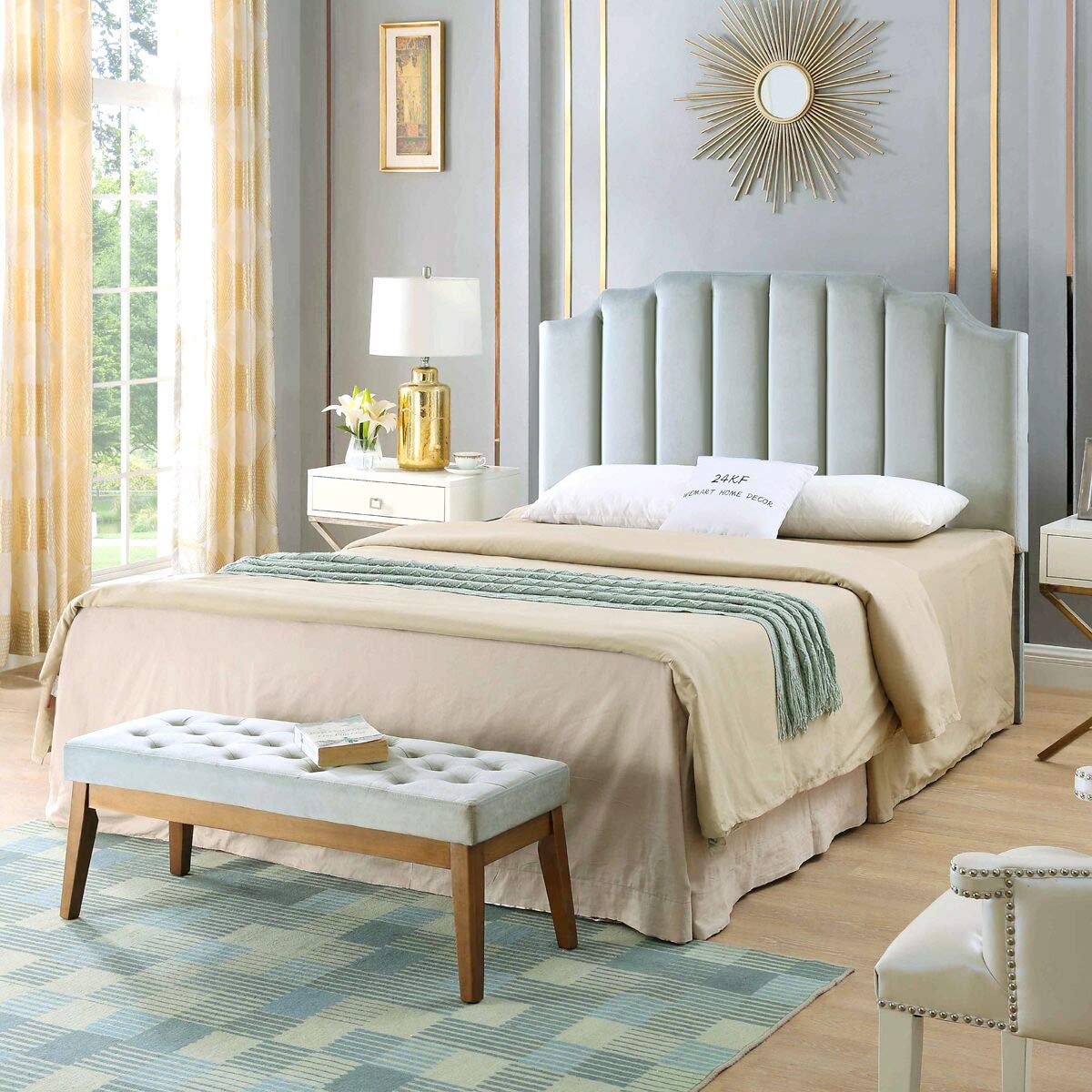 24K Gold Gray Velvet Upholstered Queen/Full Size Headboard - Tufted Channel Design with Curved Accents for Modern Bedroom Decor | Perfect for Master Bedrooms, Guest Rooms & Luxury Apartments
