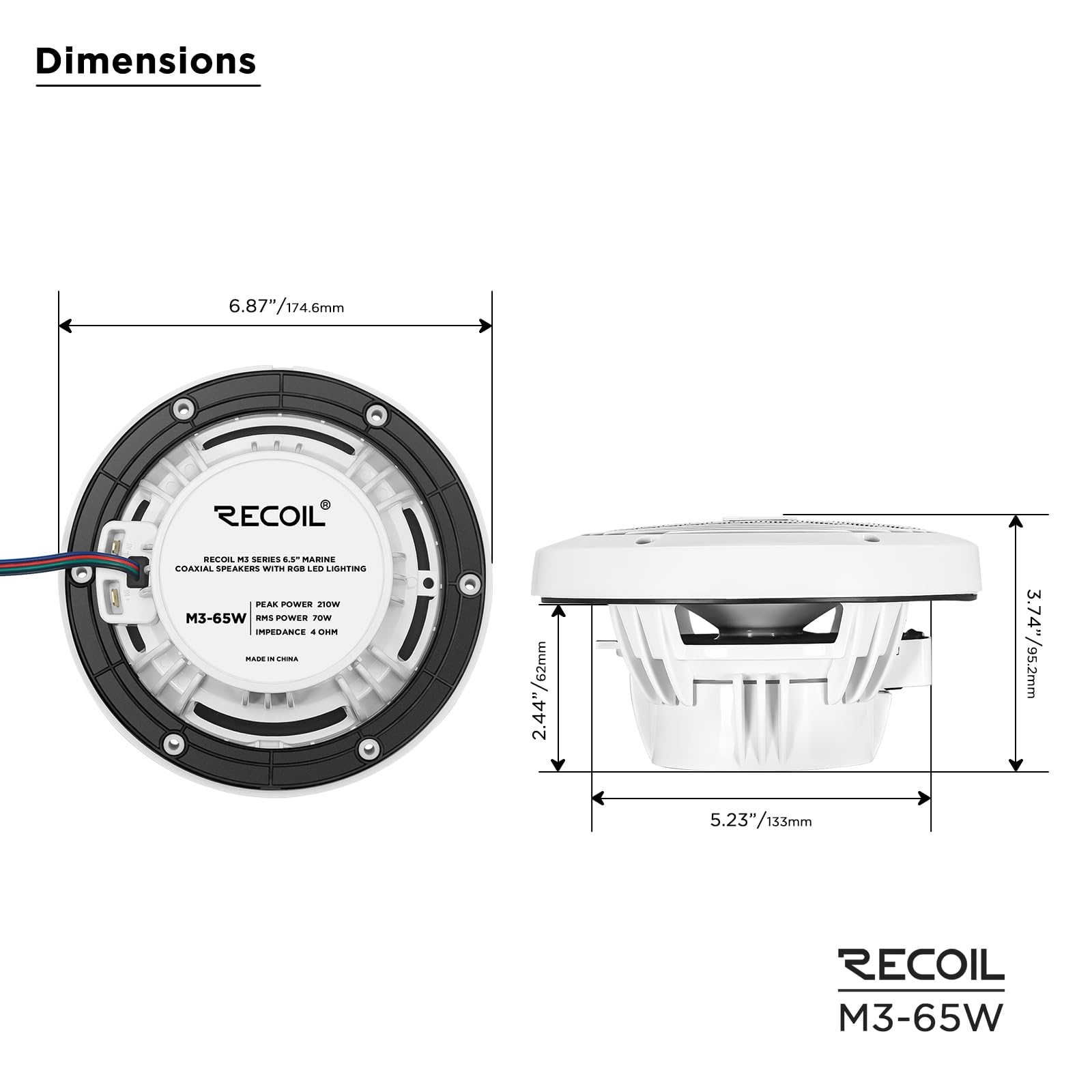 RECOIL M3-65W 6.5 Inch 2-Way Marine Boat Coaxial Speakers with Built-in RGB LED Lights - Pair of 4Ohm 210W Max Waterproof White Speakers for Boats, Yachts & Outdoor Marine Audio Systems