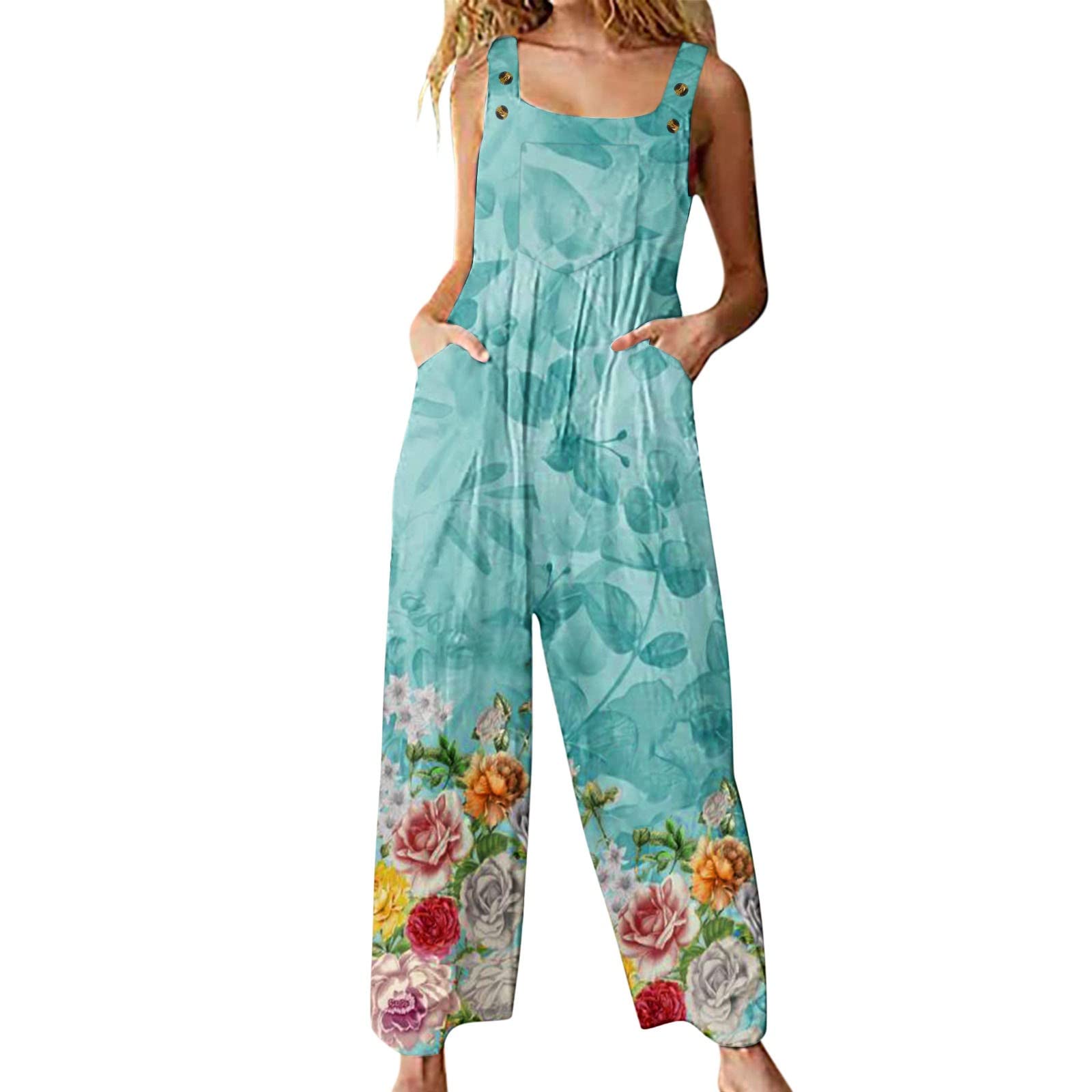 Boho Print Women's Casual Romper with Pockets - Long Sleeve Button-Up Jumpsuit with Adjustable Straps | Perfect for Easter, Summer Outfits, Beach Vacations & Boho Fashion