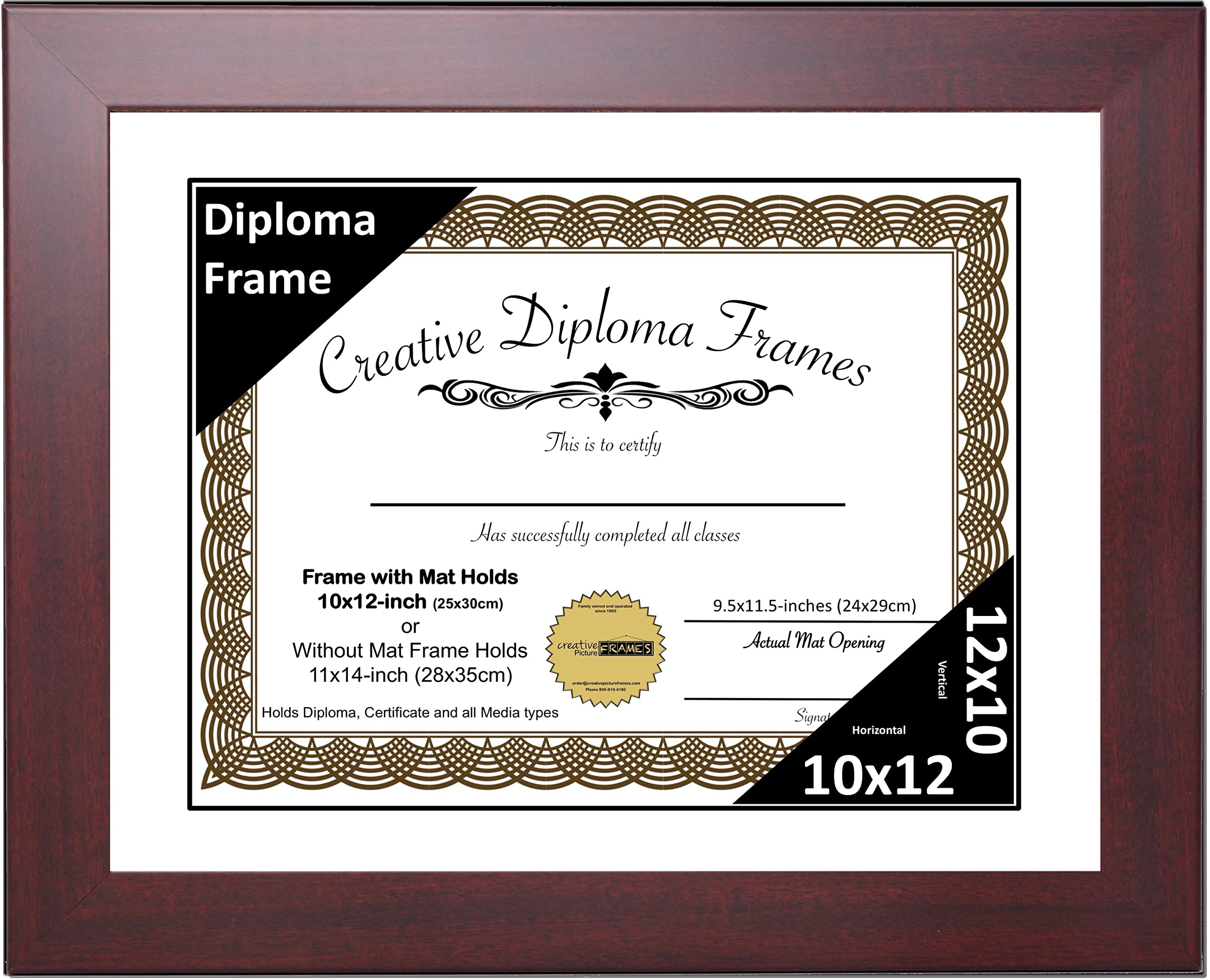 10x12 Empire Mahogany Diploma Picture Frame with White Mat, Glass & Wall Hangers - Holds 11x14 Photos - Perfect for Graduation, Office Decor & Home Display