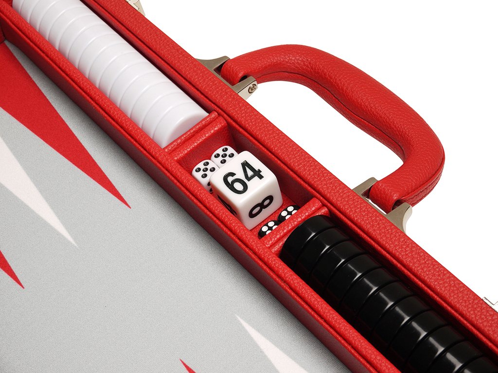 Premium 16-inch Backgammon Set with Red Wooden Board, Grey Playing Field & White/Red Points - Classic Board Game for Family Game Nights, Travel & Casino-Style Entertainment