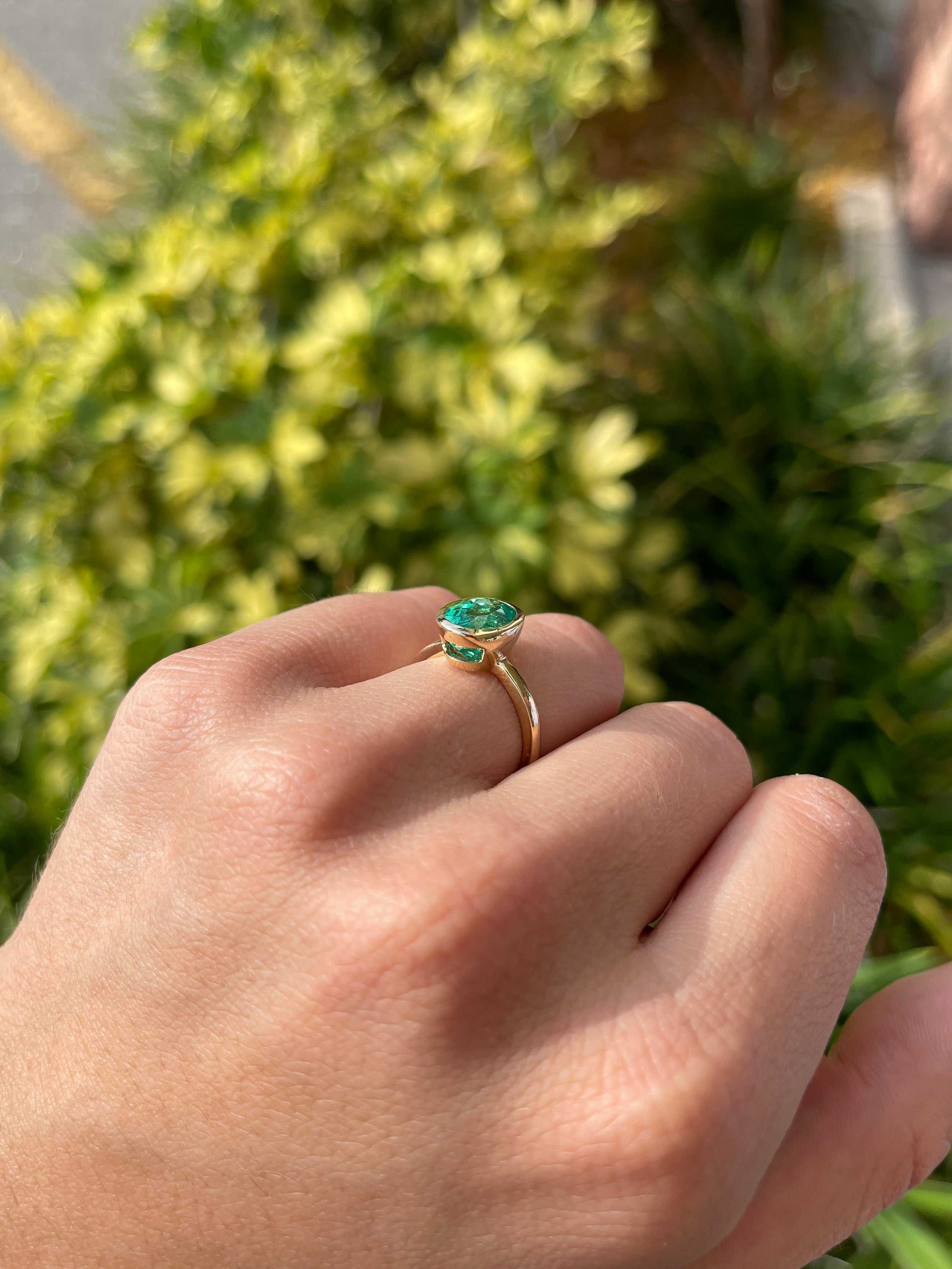 3.15 Carat 18K Gold Bezel Set Oval Emerald Solitaire Engagement Ring for Women - Elegant Wedding, Proposal, Anniversary Gift Idea