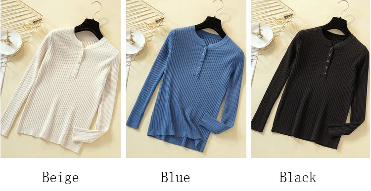 Button Basic Slim Knitted Pullover Sweater for Women - Soft Comfortable Lightweight Casual Tops for Fall & Winter - Perfect for Office, Dating and Weekend Outfits