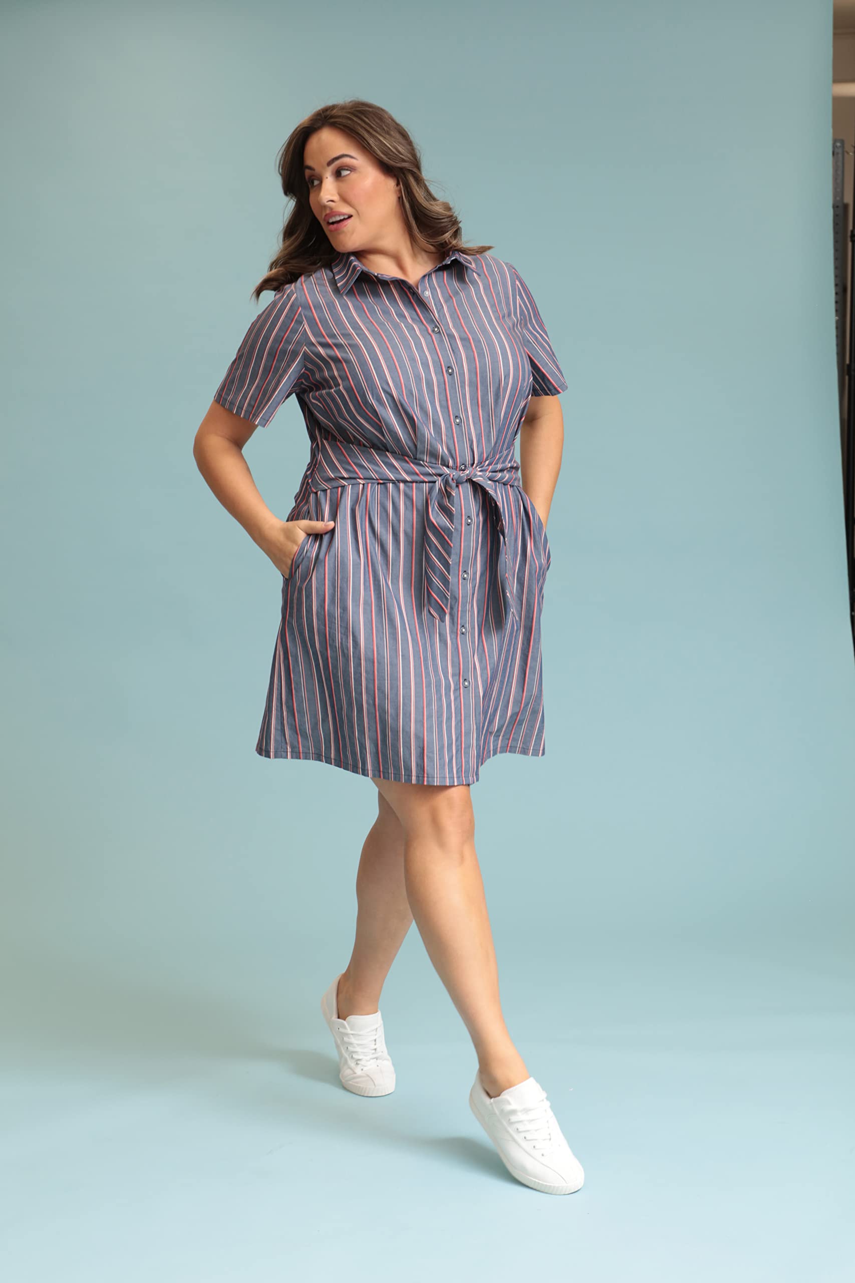 London Times Women's Short Sleeve Shirt Dress with Waist Tie - Stylish Casual Summer Dress for Office, Beach & Date Night