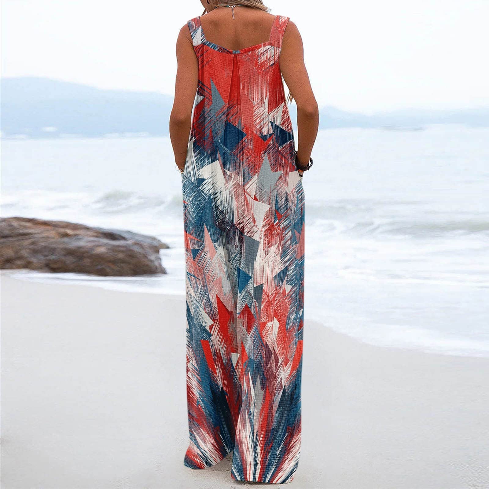 Women's Linen Jumpsuit with Side Pockets - Flowy Summer Romper with Print Design, Non-Adjustable Straps (Sizes S-2XL) | Perfect for Beach Vacations, Casual Outings & Summer Parties