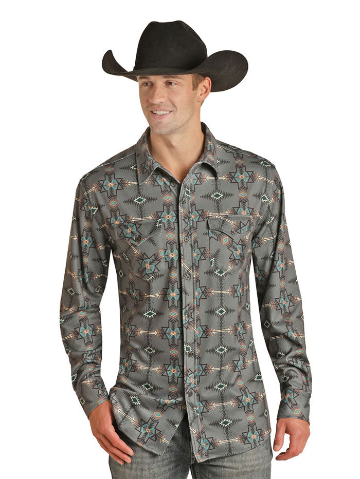 Rock & Roll Denim RRMSOBR09Q Men's Aztec Print Button-Up Shirt - Dark Grey Casual Western Style Shirt for Music Festivals & Night Out