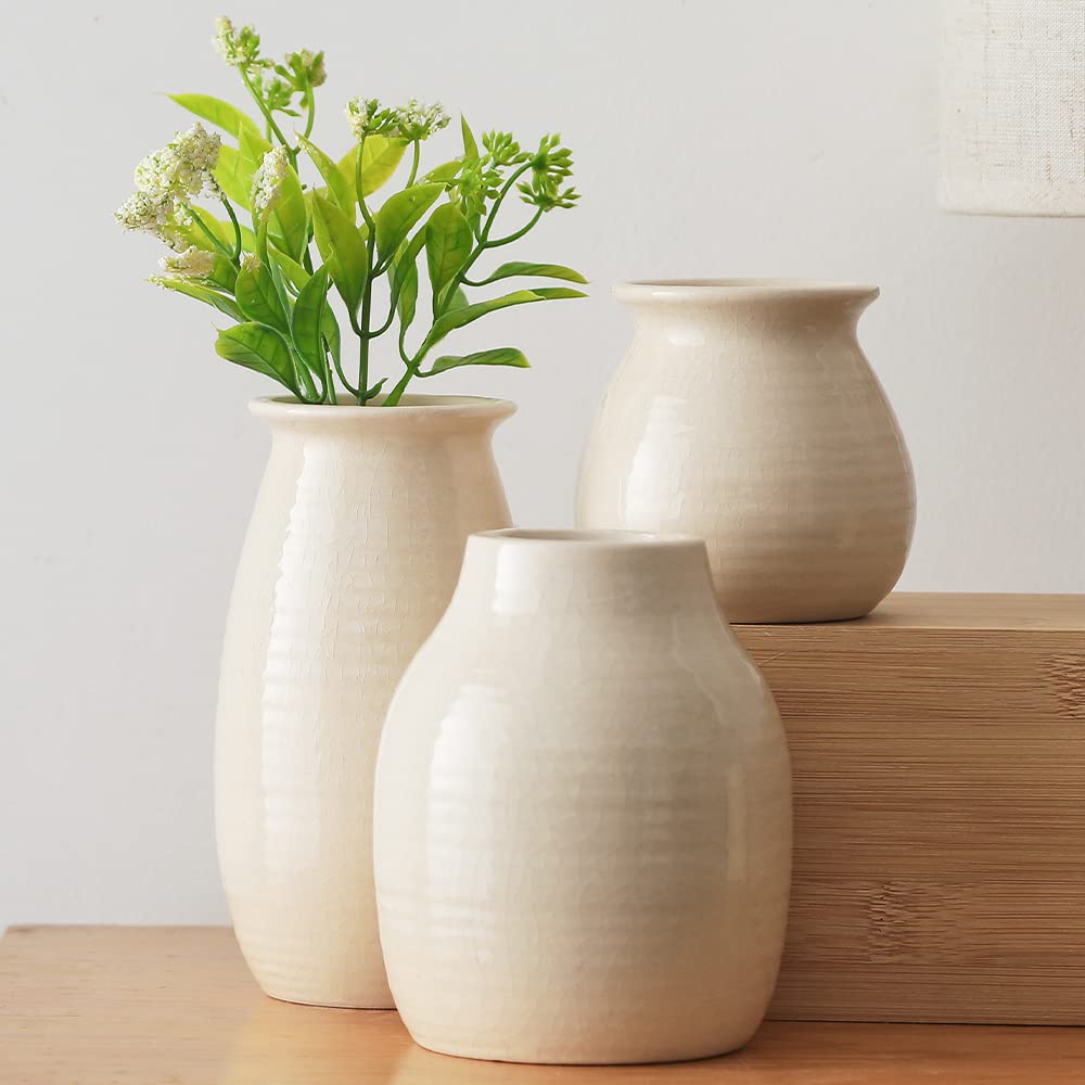 White Ceramic Vase Set of 3 - Rustic Farmhouse Decor for Living Room, Fireplace & Home | Modern Flower Vases for Centerpieces, Wedding Decor & Housewarming Gifts