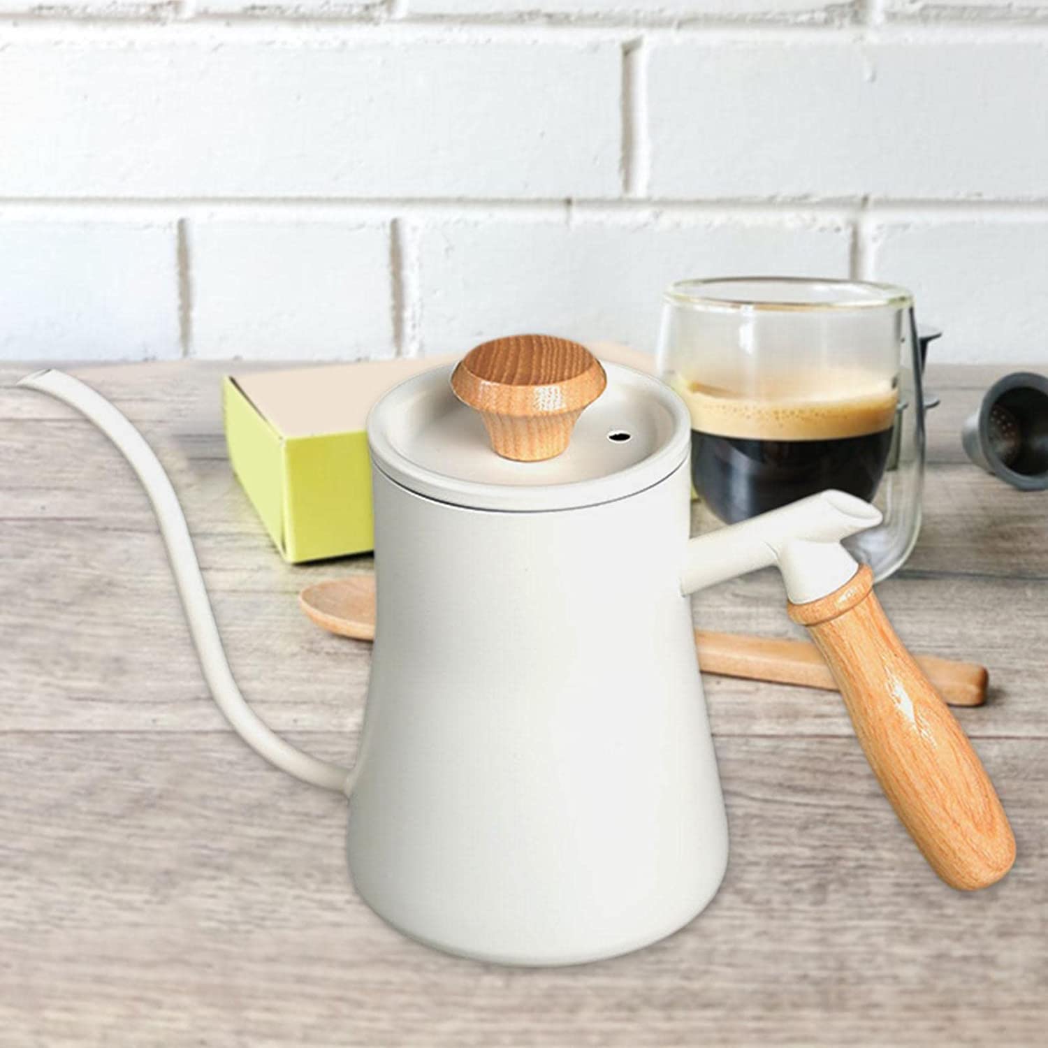 Premium Stainless Steel Gooseneck Tea Kettle with Wooden Handle - Long Spout Drip Kettle for Espresso, Moka & Pour Over Coffee - Perfect for Office, Home & Stovetop Use (White)