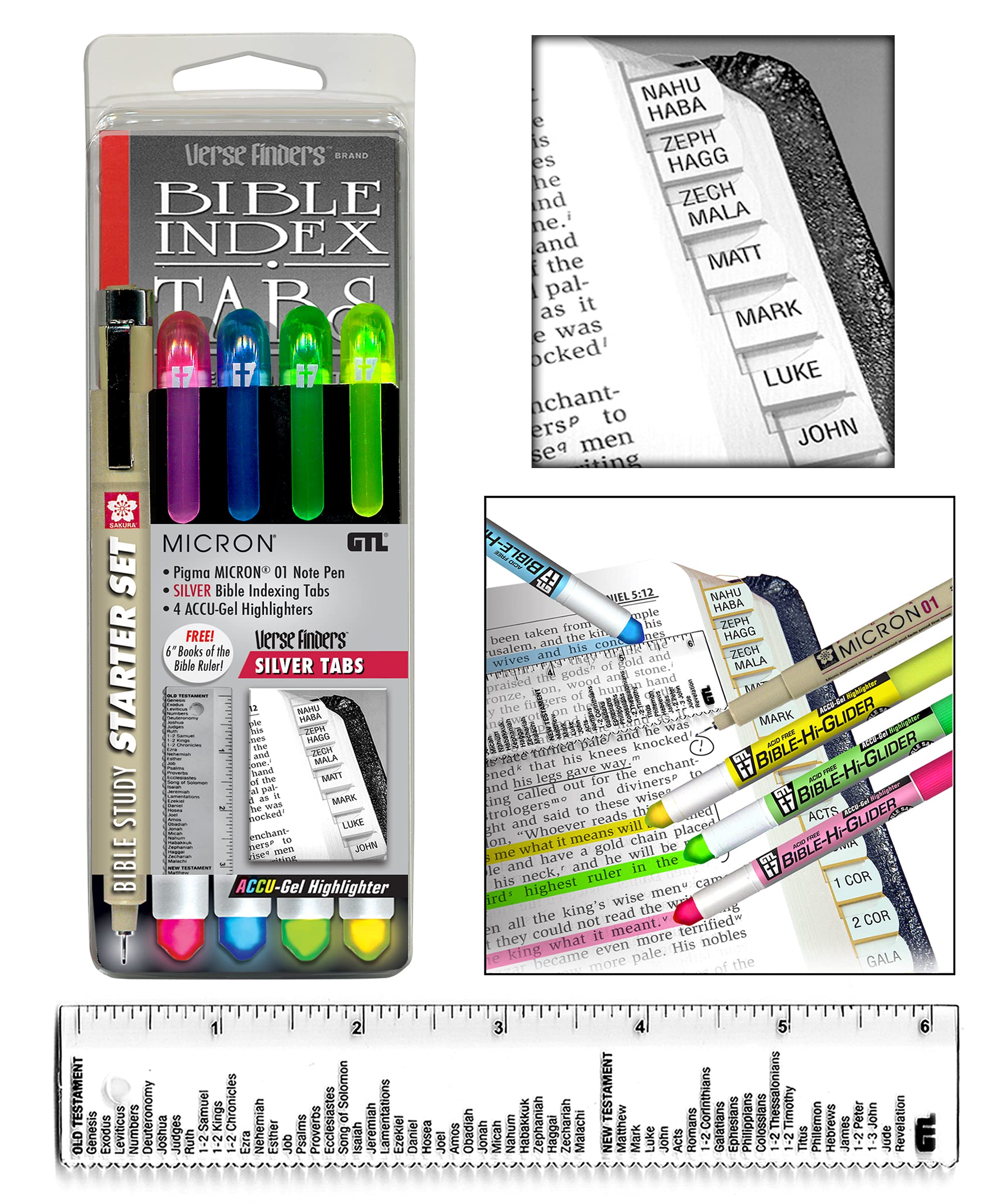 Accu-Gel Bible Highlighter & Pigma Micron Bible Study Starter Set - No Bleed Pigmented Ink, Fine Point Black, Yellow & Green - Perfect for Bible Journaling, Scripture Marking & Church Study Groups