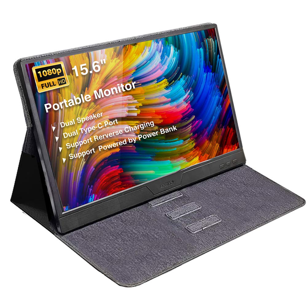 ANGEL POS 15.6’’ Full HD 1080P USB-C & Mini HDMI Portable Gaming Monitor with Built-in Speakers & Smart Cover - Perfect for Laptop Extensions, Console Gaming, and Office Work
