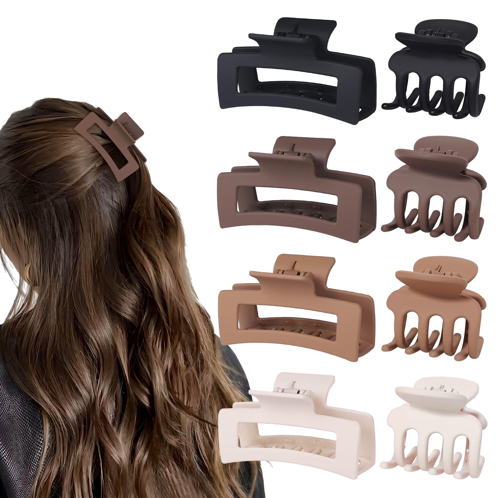 8 Pcs Medium Hair Clips for Women - Small Claw Clips for Thin & Thick Hair | 2 Style Rectangle Jaw Hair Accessories for Women & Girls (Brown) | Perfect for School, Work & Everyday Hairstyles