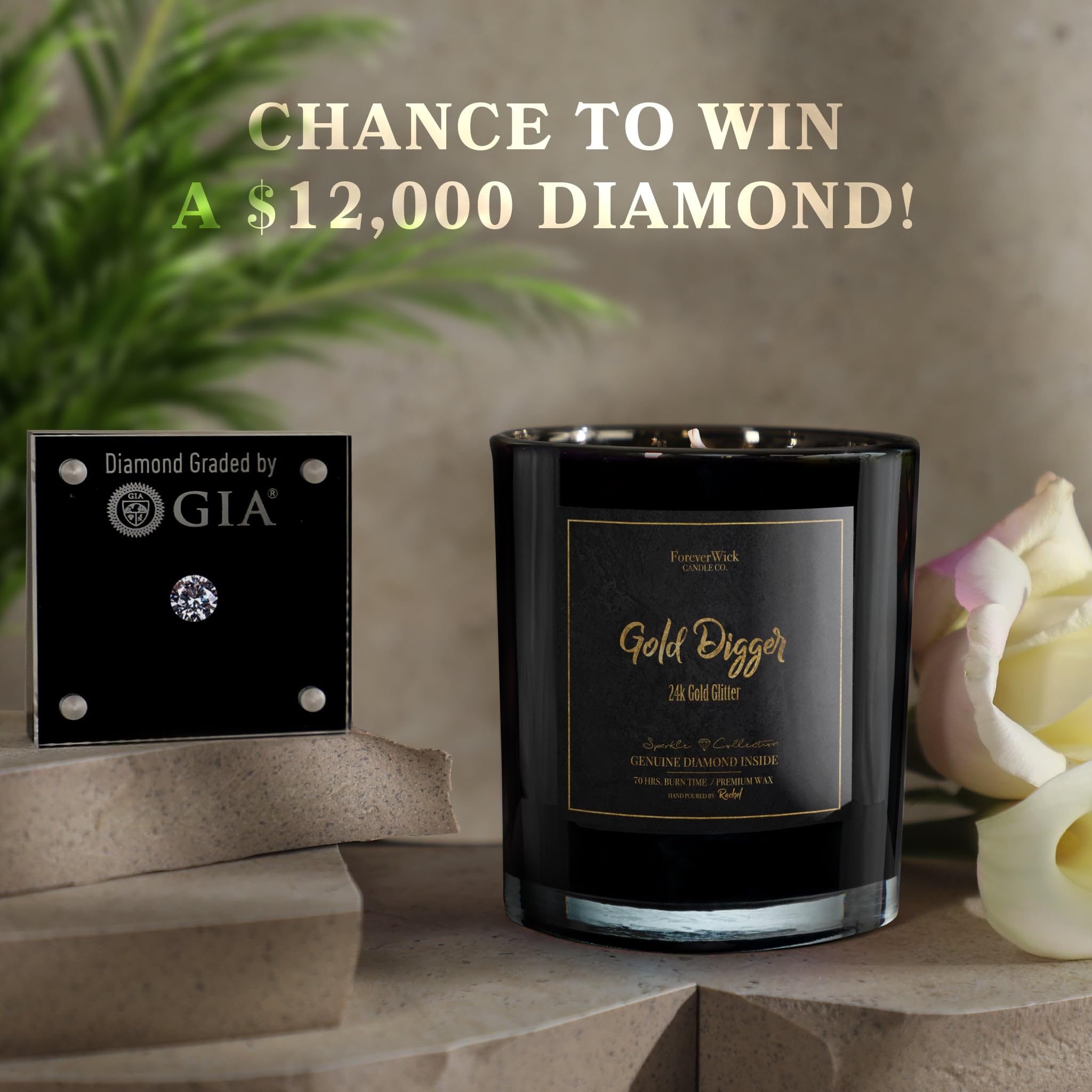 Gold Digger Sparkle Sandalwood & Amber Scented Soy Candle with Hidden Diamond Inside | 14oz All-Natural Organic Soy Wax Candle | 70-Hour Burn Time | Aromatherapy Gift for Women, Birthday, Anniversary | Perfect for Home Decor, Relaxation & Romantic Ambiance
