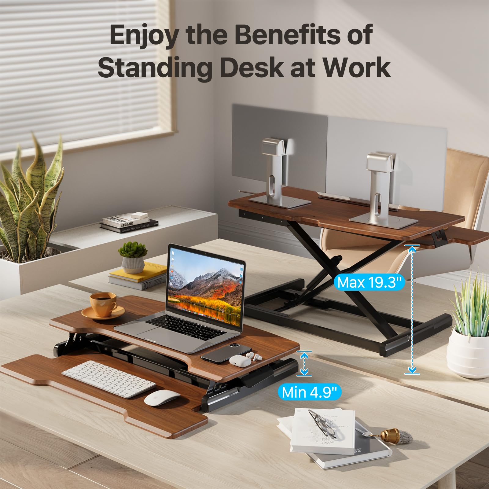 32 Inch Height Adjustable Standing Desk Converter - Sit Stand Desk Riser with Keyboard Tray for Dual Monitors | Ergonomic Home Office Workstation in Dark Wood Finish | Perfect for Remote Work & Computer Setup