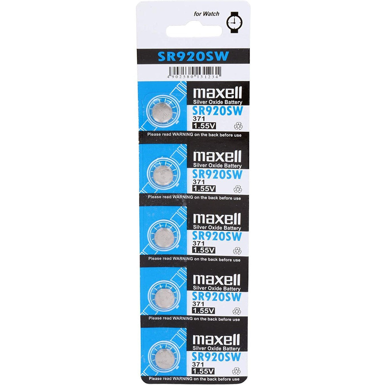 Maxell 371 SR920SW Watch Battery 5 Pack - Premium Silver Oxide Button Cell Batteries for Watches, Calculators & Small Electronics - Long Lasting Power Supply