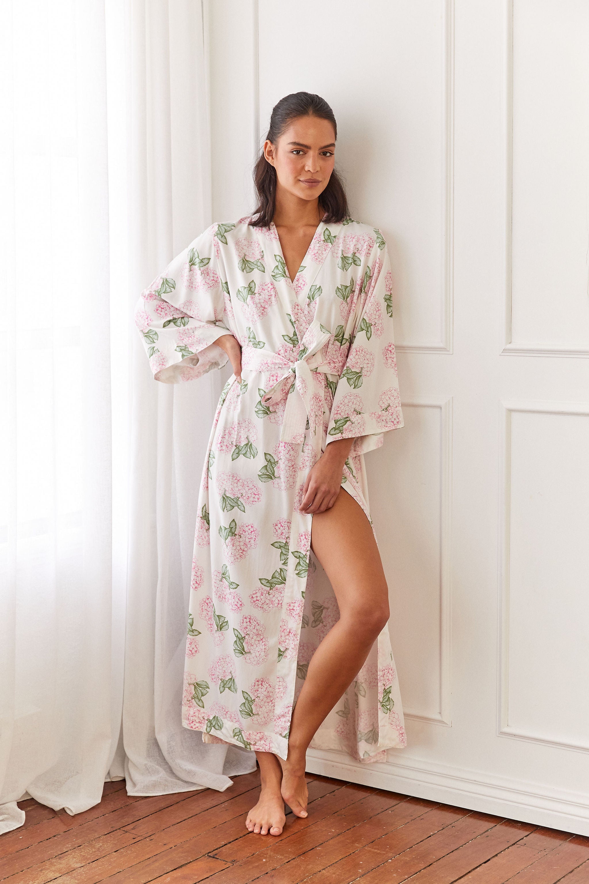 Alice Women's Long Kimono Robe - Soft Floral Hydrangea Pink Loungewear for Spa, Yoga & Relaxation at Home