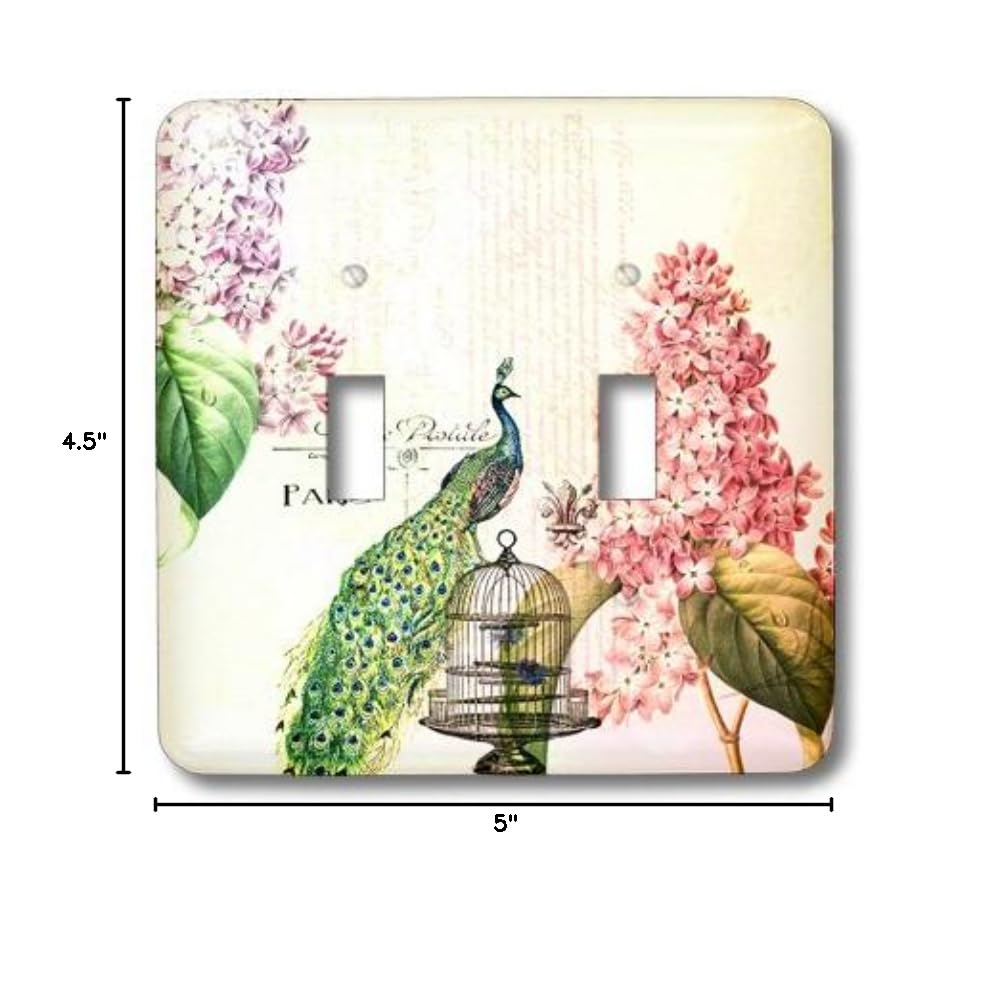 3D Rose Paris Peacock with Hydrangea Flowers Double Toggle Switch - Decorative Wall Plate Cover for Home & Office Decor