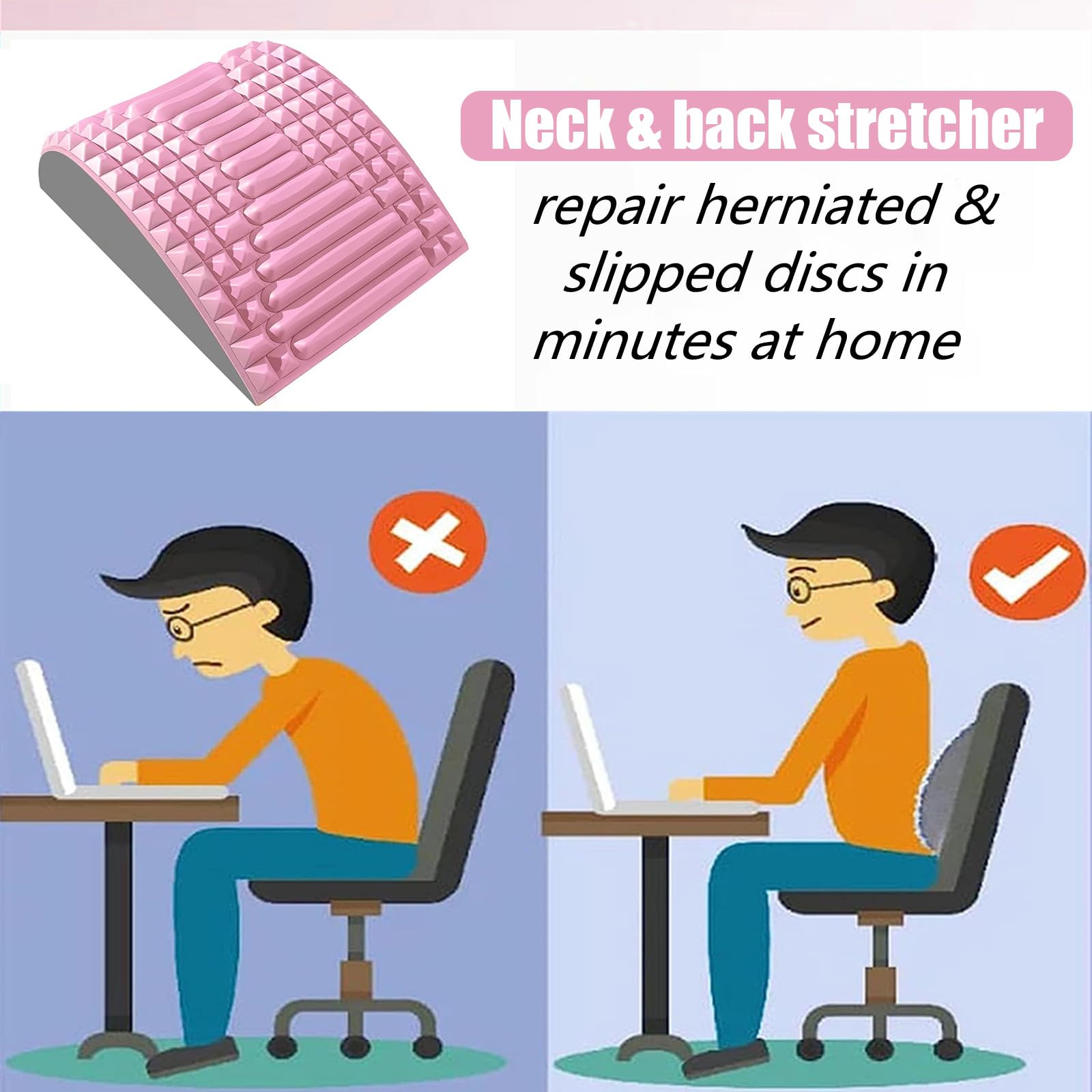 Premium Back Stretcher for Neck & Lower Back Pain Relief - Adjustable Lumbar Support for Herniated Disc, Sciatica & Scoliosis - Ergonomic Spine Alignment Board (Pink) - Perfect for Home Office & Post-Workout Recovery