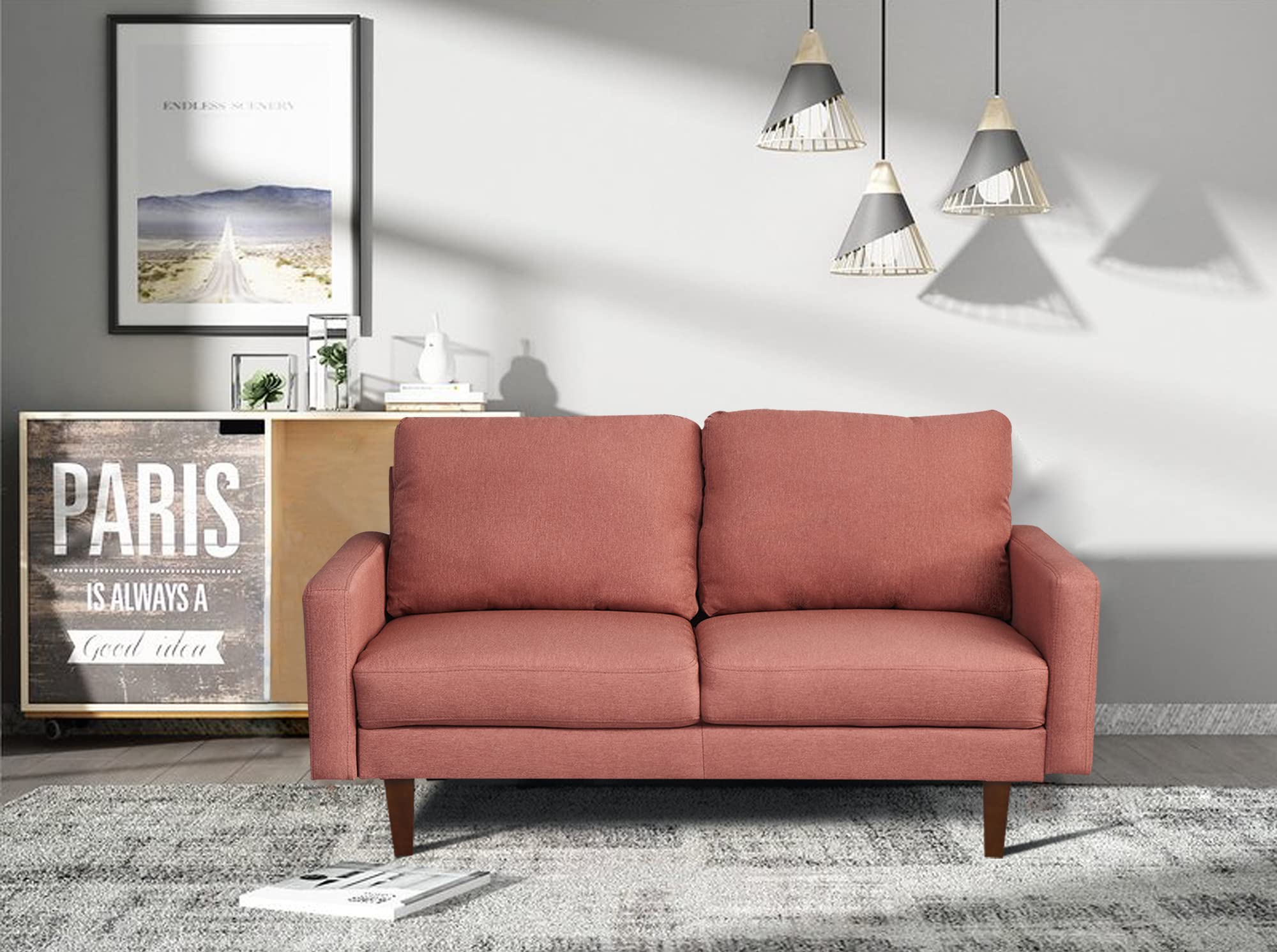 Modern Linen Loveseat Sofa with Wooden Legs - Comfortable Couch for Living Room, Bedroom & Office - Coral Fabric - Perfect for Small Spaces, Apartments and Cozy Home Decor