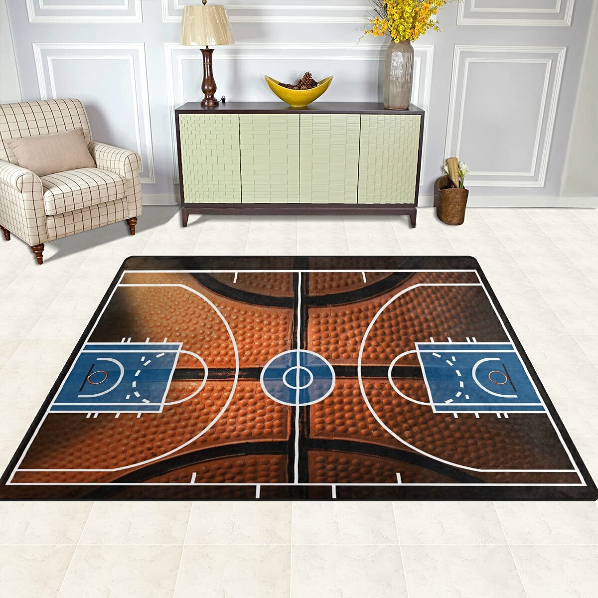 ALAZA Basketball Print Court Design Sports Area Rug - 7' x 5' Non-Slip Floor Mat for Living Room, Bedroom, Game Room & Man Cave Decor