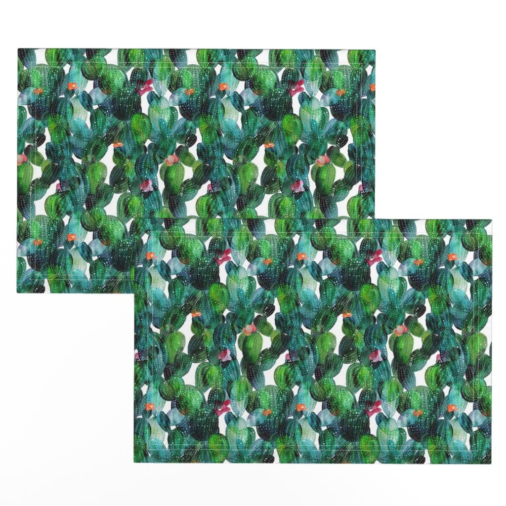 Premium Linen Cotton Canvas Placemats Set of 2 - Cactus Green Watercolor Greenery Print Table Mats for Dining, Kitchen Decor, and Party Settings