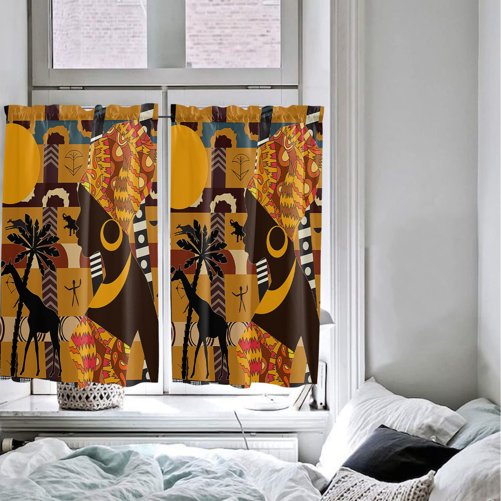 African Elephant & Giraffe Print Tier Curtains - 52x45 Inch Black Women Art Rod Pocket Drapes for Kitchen, Bathroom & Living Room Windows | Privacy Half Window Treatments & Cafe Decor | Perfect for Small Windows, Dorm Rooms & Cozy Spaces