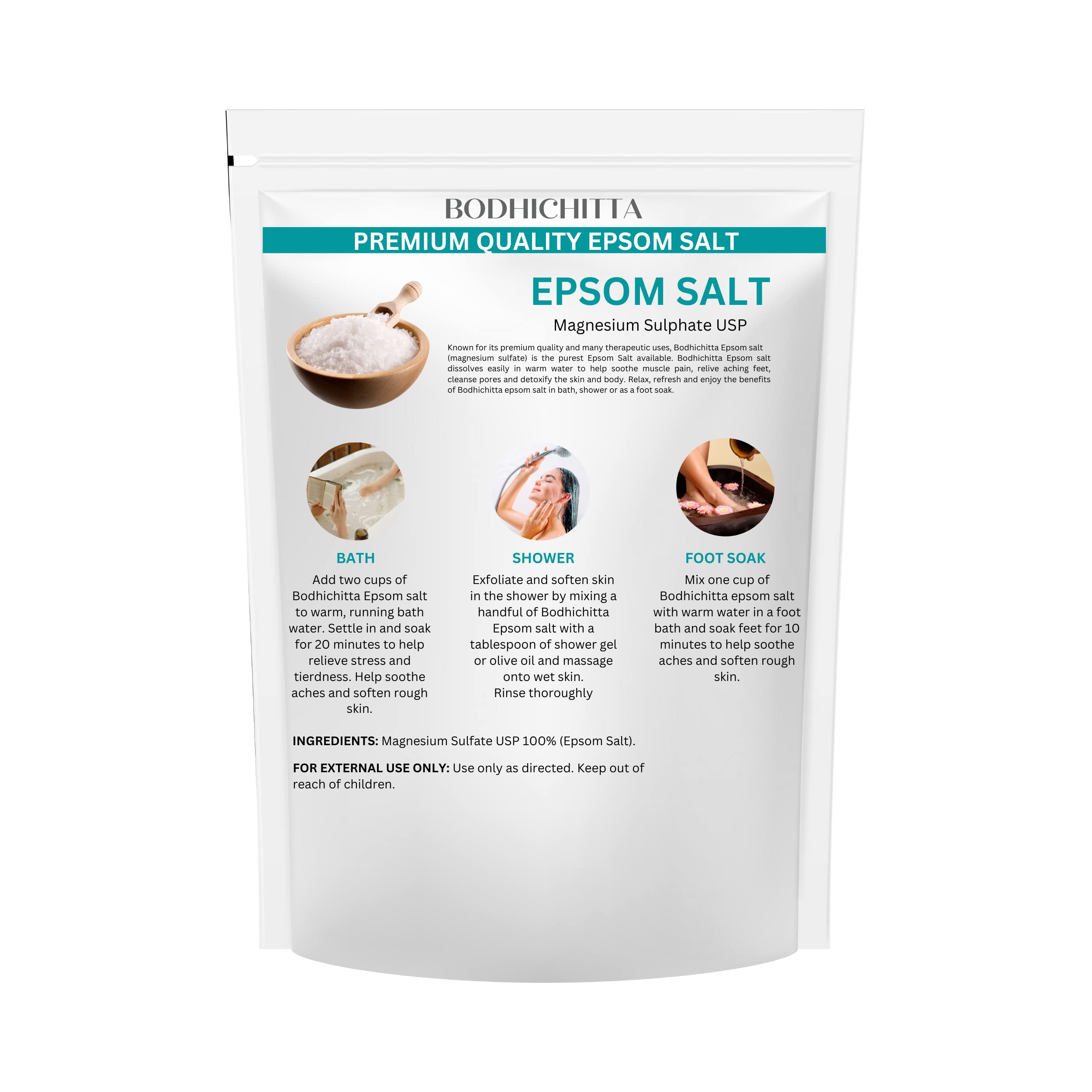 Bodhichitta Epsom Salt for Bath - 1kg Magnesium Sulfate Crystals for Muscle Relief, Pain & Stress Relief - Perfect for Relaxing Baths, Foot Soaks & Post-Workout Recovery