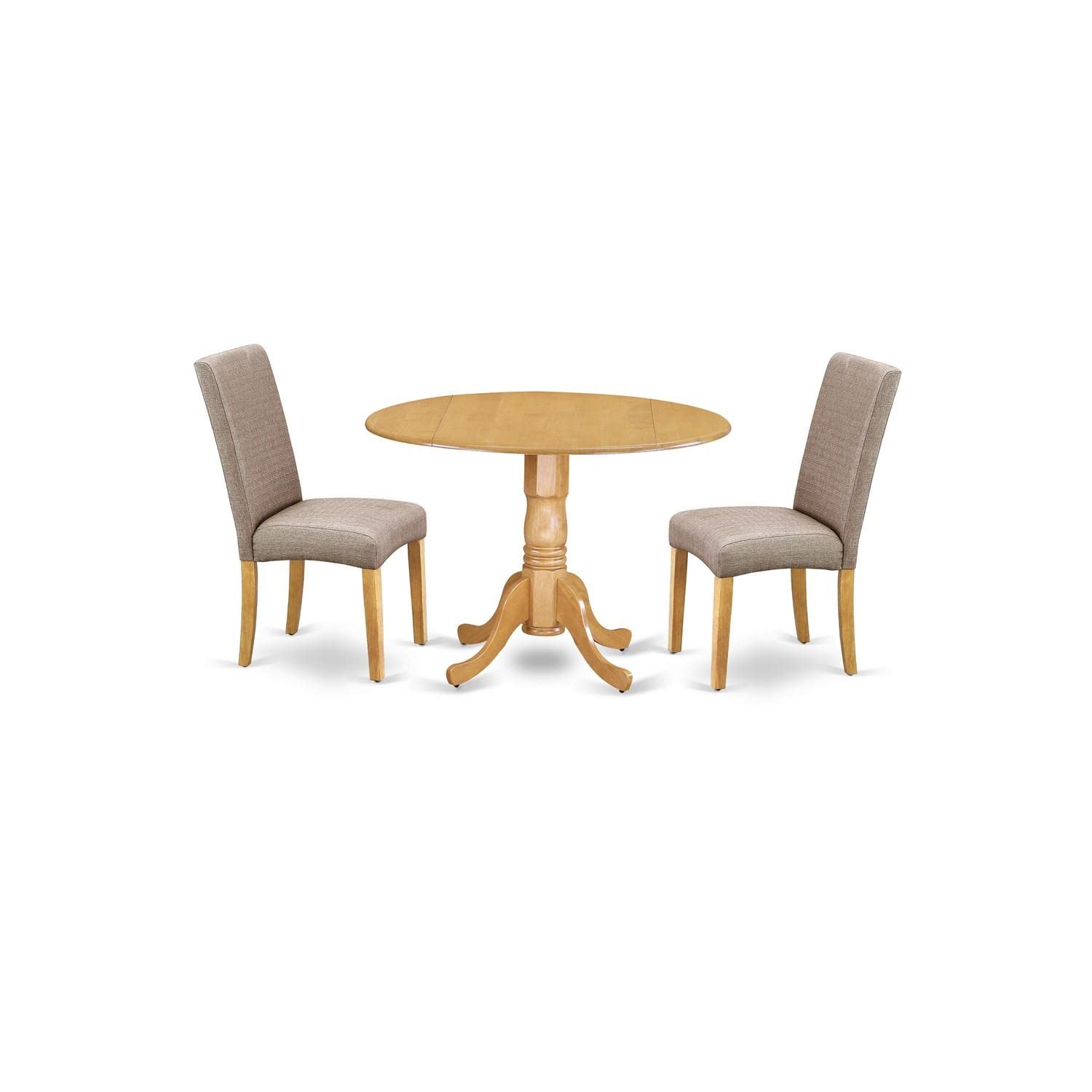 East West Furniture DLDR3-OAK-16 3-Piece Round Dining Table Set with Drop Leaf & 2 Parsons Chairs - 42x42 Inch Oak Finish - Perfect for Small Spaces, Breakfast Nooks & Cozy Apartments