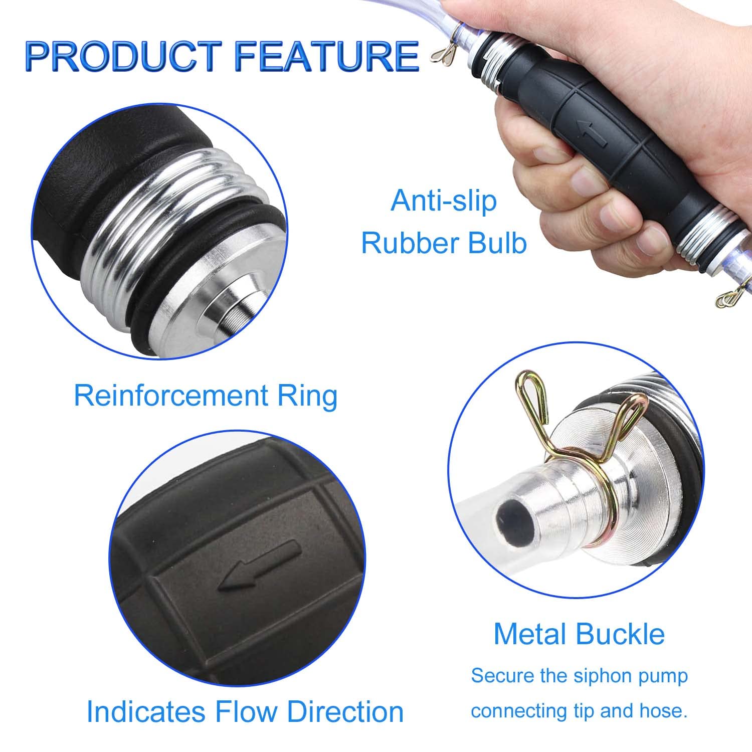 JONMON Gasoline Siphon Hose Pump - Portable Hand Fuel Transfer Pump with 2M PVC Hose & Metal Buckles - High Flow Manual Rubber Squeeze Bulb for Petrol, Diesel, Oil, Water - Ideal for Cars, Boats, Lawn Mowers & Emergency Fuel Transfer