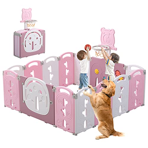 Dripex Foldable Baby Playpen - 14 Panel Portable Playard for Toddlers & Baby Girls, Spacious Safety Fence for Indoor Use (Gradient Pink) - Perfect for Playtime, Learning & Childproofing Living Spaces
