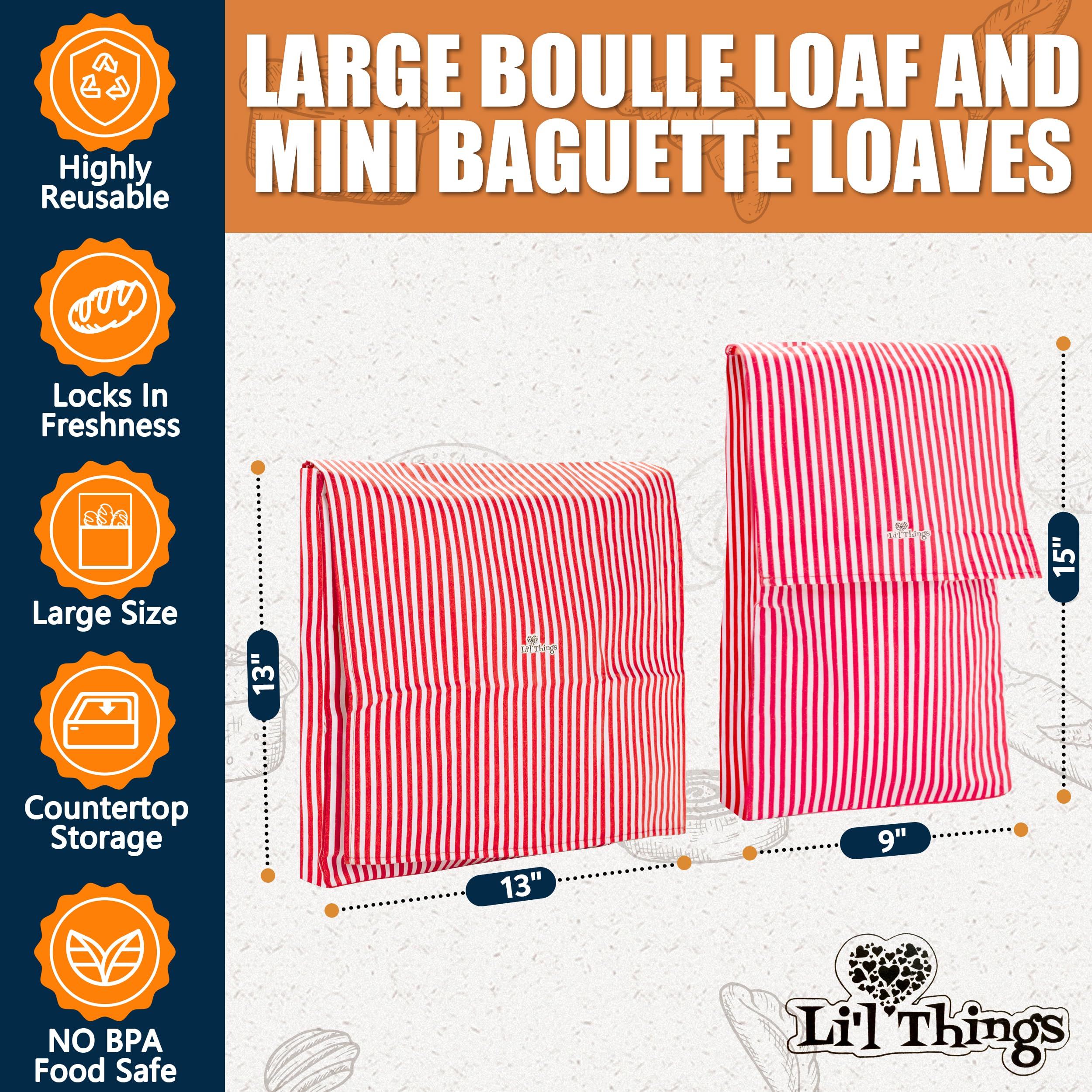 Eco-Friendly Reusable Beeswax Bread Bags Set of 2 Sizes (13x13 & 15x9 inches) - 6 Themed Food Storage Wraps for Homemade & Store-Bought Bread - Perfect for Picnics, Lunchboxes & Sustainable Kitchen Use - Stripey Red Design