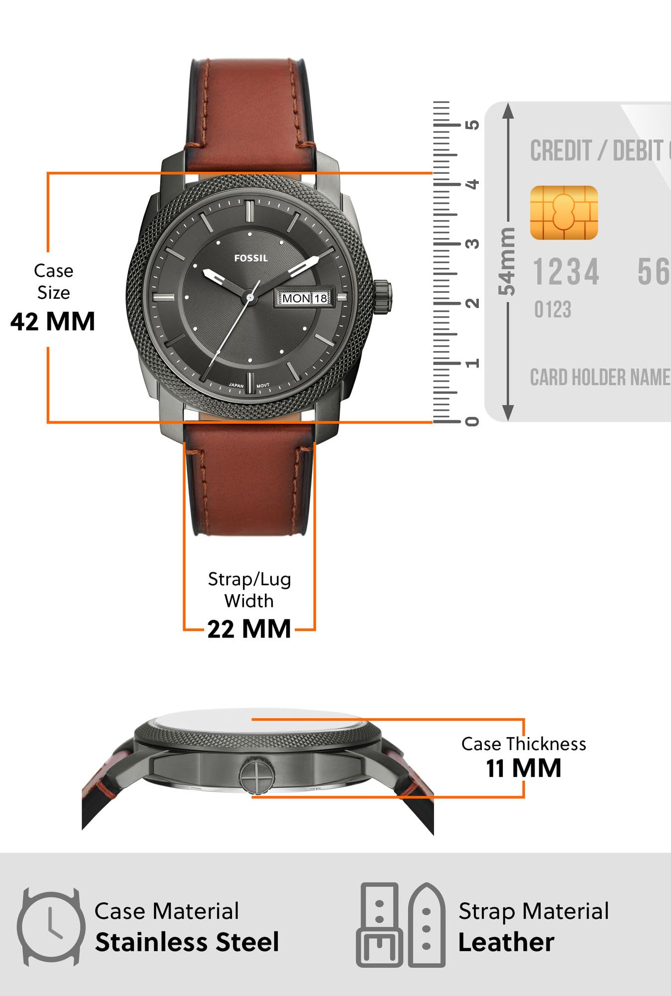 Fossil Machine Men's Stainless Steel Quartz Watch with Three-Hand Movement - Perfect for Business, Casual Wear & Everyday Use