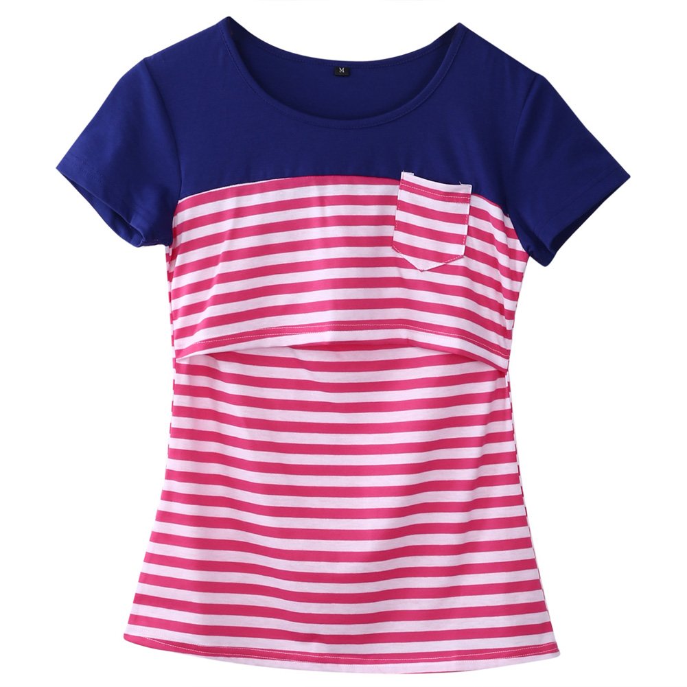 Women's Striped Patchwork Short Sleeve Nursing Top - Comfortable Maternity Breastfeeding Shirt for Nursing Mothers | Perfect for Everyday Wear, Outings & Nursing in Public