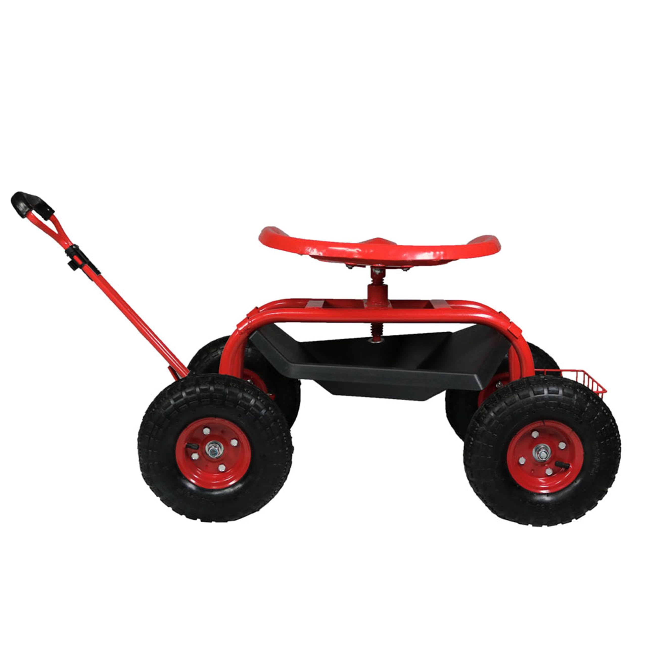 Sunnydaze Heavy Duty Garden Cart with Extendable Handle & Swivel Seat - Utility Rolling Scooter with Storage Basket - Outdoor Yard Work, Gardening & Home Improvement - Red