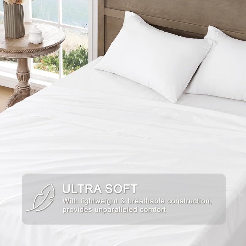 FreshCulture Queen Sheet Set - Ultra Soft Brushed Microfiber Bed Sheets for Queen Size Bed - Deep Pocket Fitted Sheet with Cooling & Breathable Fabric - 4 Piece Luxury Hotel Quality Bedding Set (White) - Perfect for Home, Guest Room, and Vacation Rental Comfort