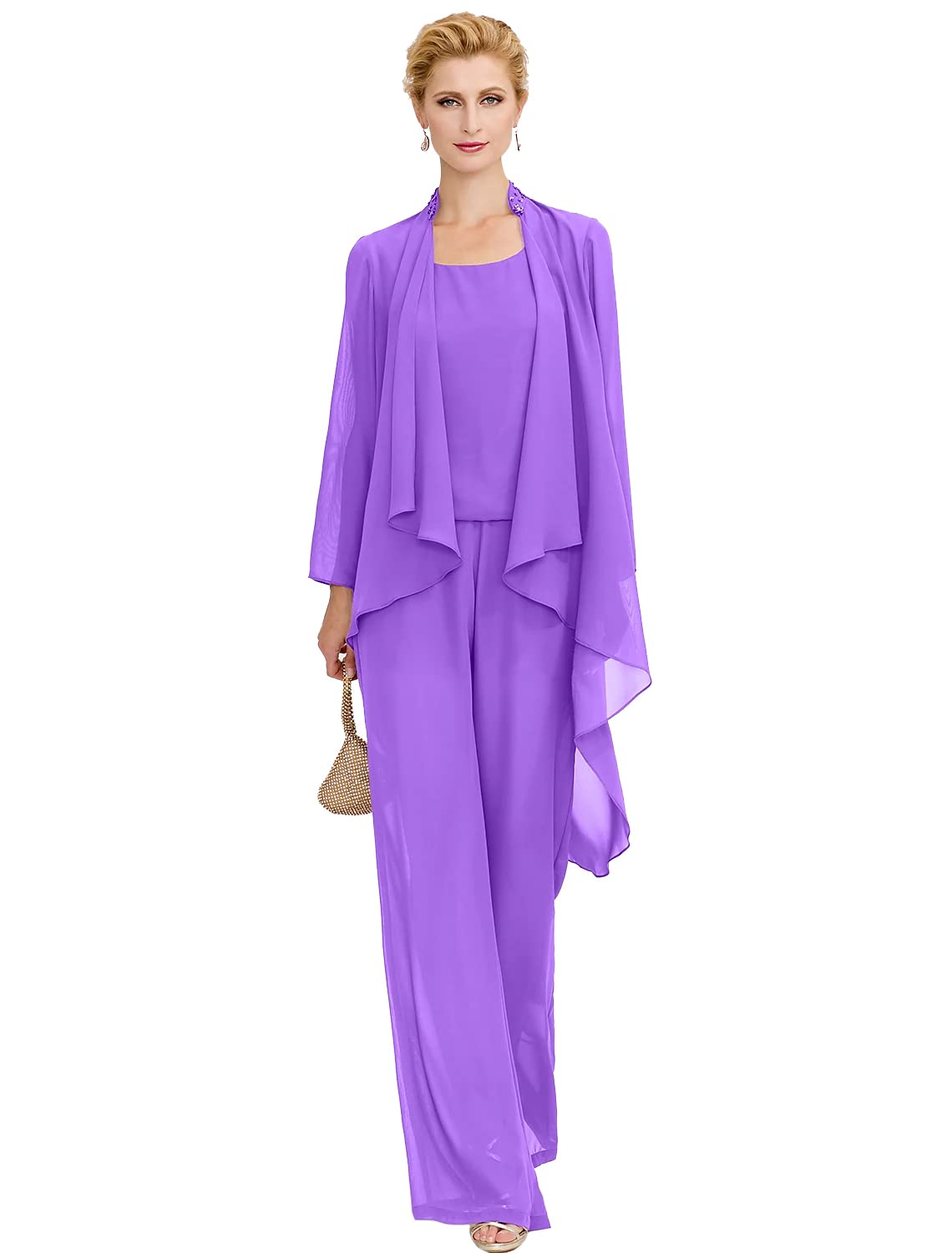 Elegant Women's Chiffon Mother of The Bride Dress Pant Suit Set - 3 Piece Beaded Wedding Outfit with Jacket for Formal Occasions | Perfect for Weddings, Receptions, and Special Events