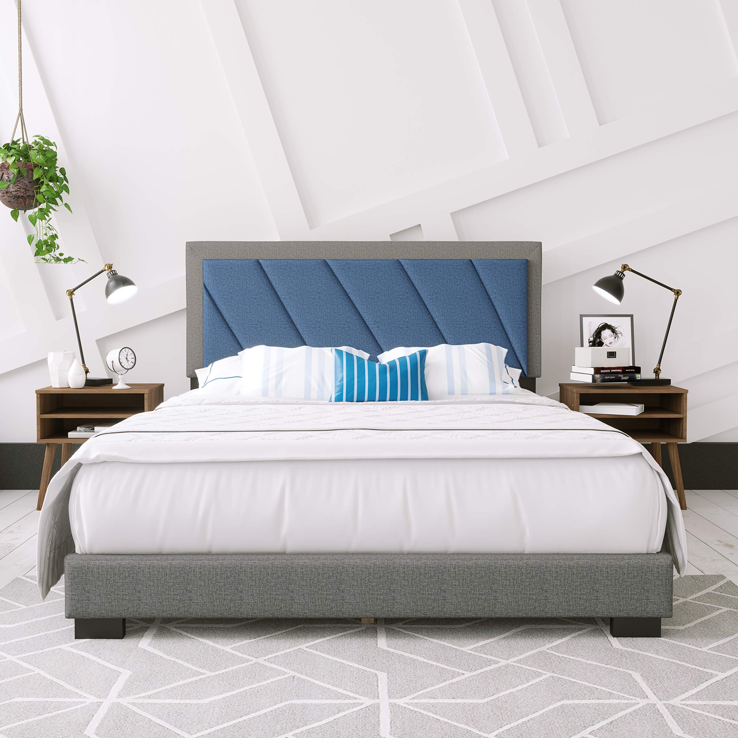 Boyd Sleep Queen Size Diagonal Upholstered Platform Bed with Headboard - Durable Mattress Foundation with 4 Wood Slat Supports (Blue/Gray) | No Box Spring Needed | Perfect for Modern Bedrooms & Guest Rooms