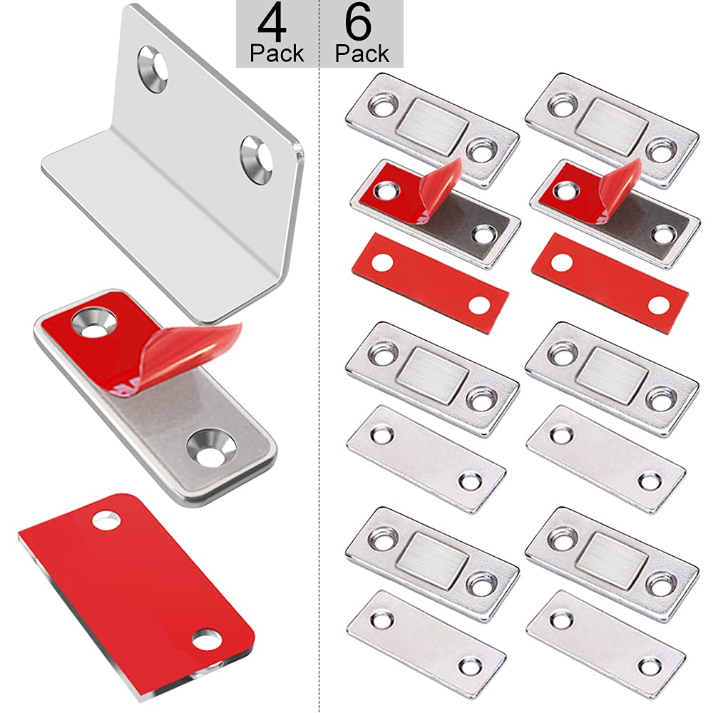 4 Pack L-Shaped Cabinet Magnetic Catch + 6 Pack Ultra Thin Magnet Cabinet Door Catch - Strong Drawer Magnets with Adhesive for Kitchen Cabinets, Closets & Furniture (Secure Door Closures & Organization)