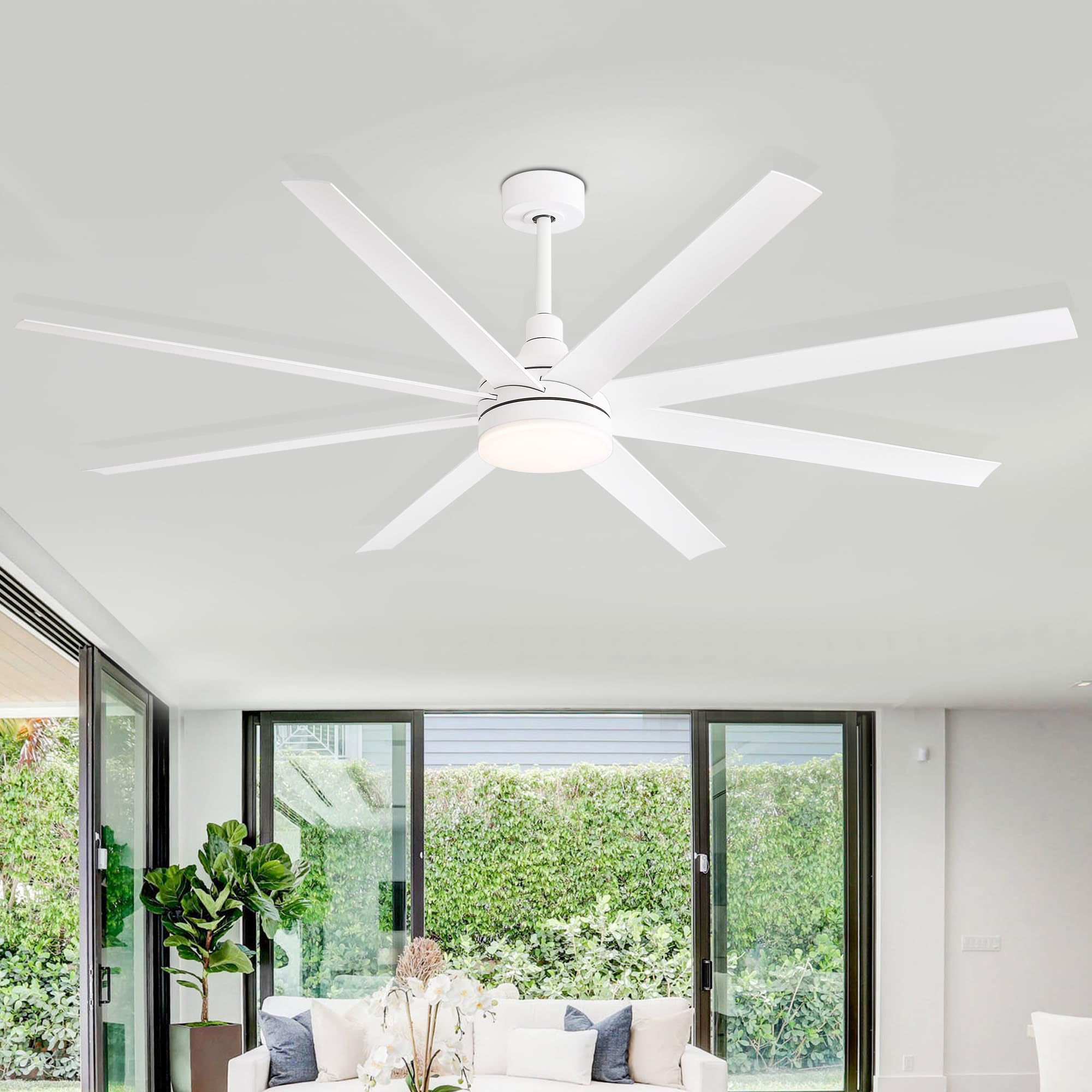 72 Inch Smart Ceiling Fan with LED Light and Remote Control - 8 Reversible Blades, Ultra Quiet DC Motor, 6 Speed Settings & Timer - Modern Industrial Style for Bedroom, Living Room, Office - Energy Efficient Cooling with Stylish Chandelier Lighting (White)