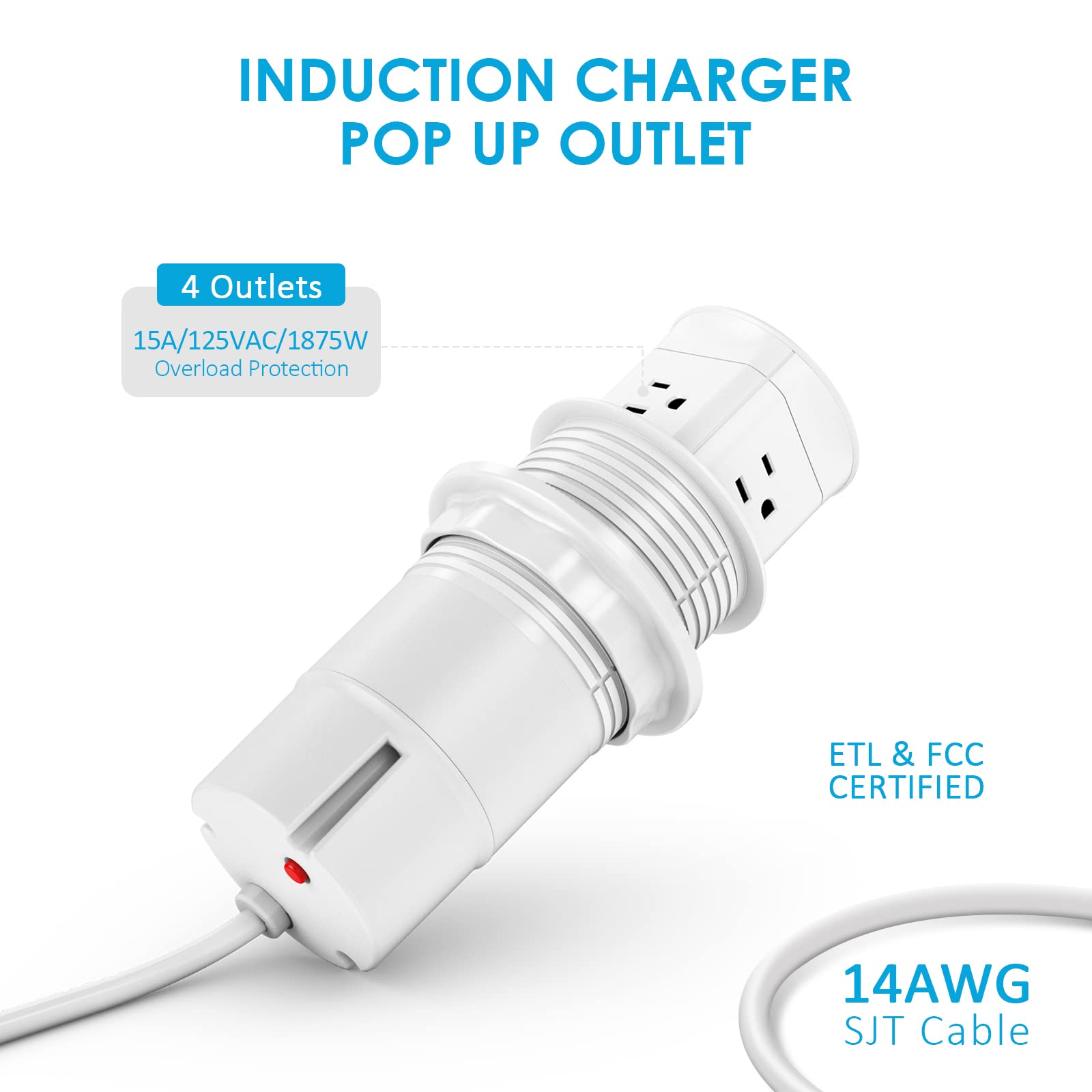 Automatic Pop-Up Countertop Outlet with 15A Receptacle - Splash Resistant Power Hub for Kitchen, Conference Table & Office - White | Perfect for Home, Office & Commercial Use