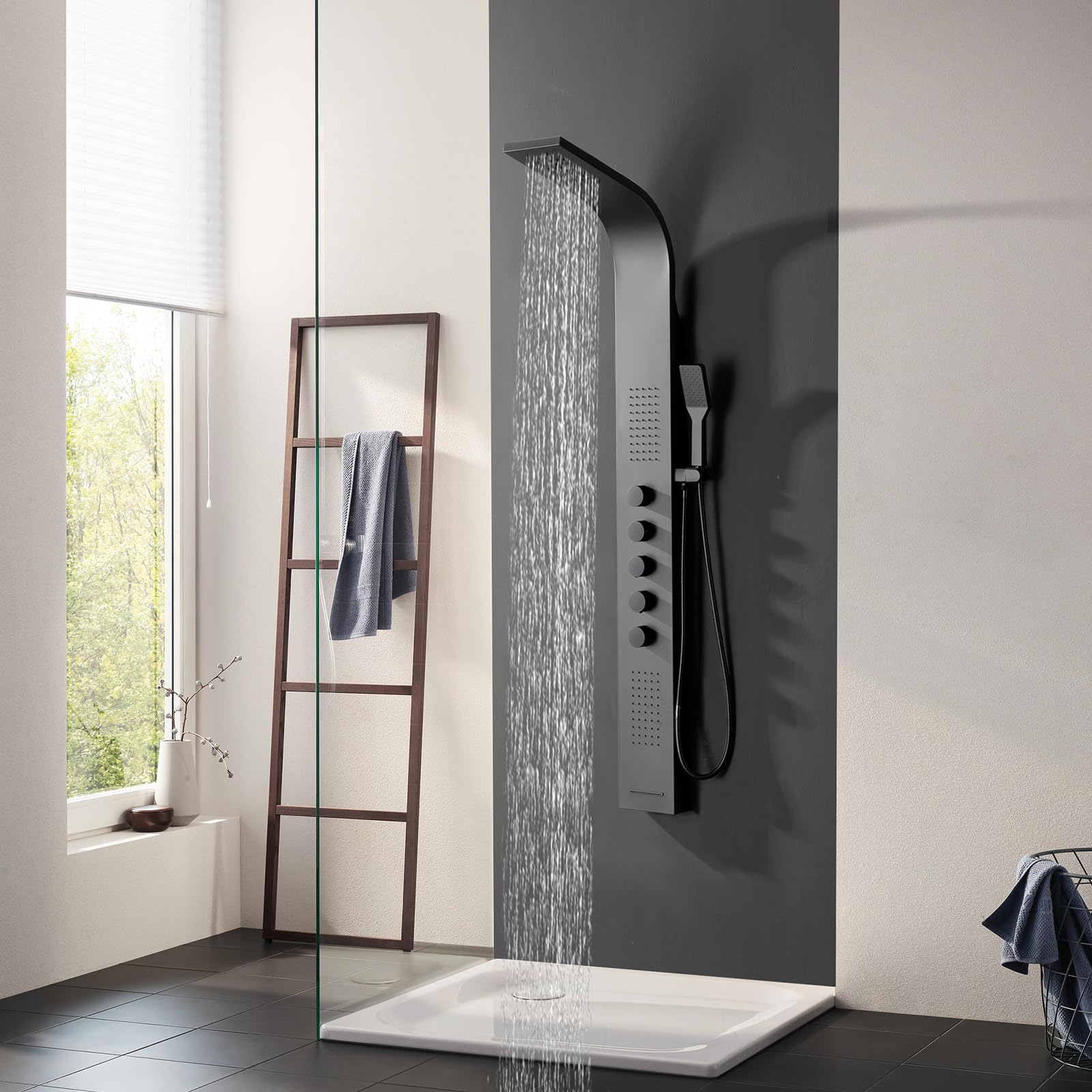 BWE Black Stainless Steel Shower Tower Panel System - Multi-Function Wall Mount Shower Column with Rainfall Shower Head & Handheld Wand for Luxurious Bathroom Experience | Perfect for Modern Home Spa & Master Bathroom Renovation