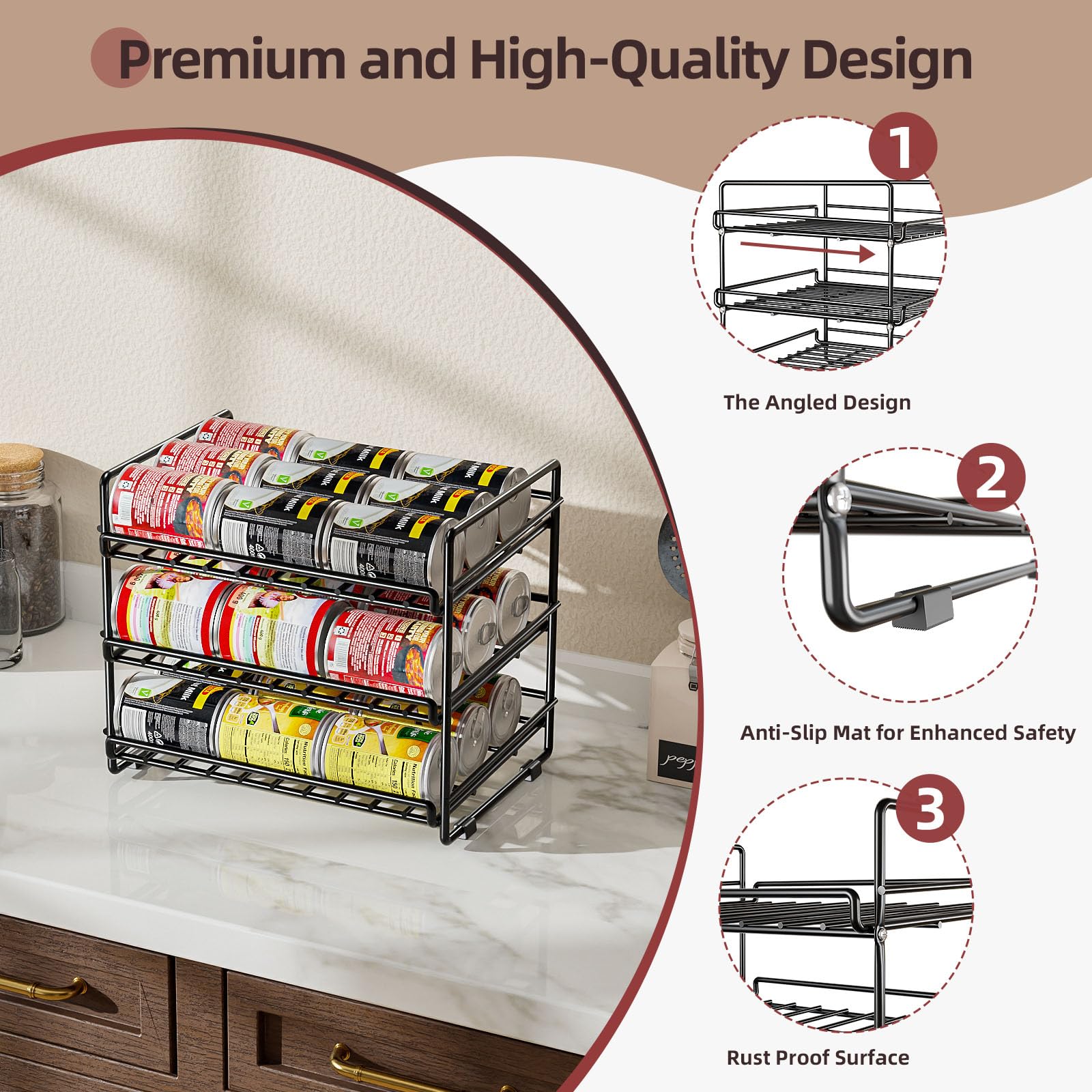 SUFAUY 3-Tier Can Organizer - Space-Saving Kitchen Pantry Storage Rack for Canned Food | Holds 36 Cans | Cabinet & Countertop Organization | Perfect for Small Kitchens & Pantries (Black)