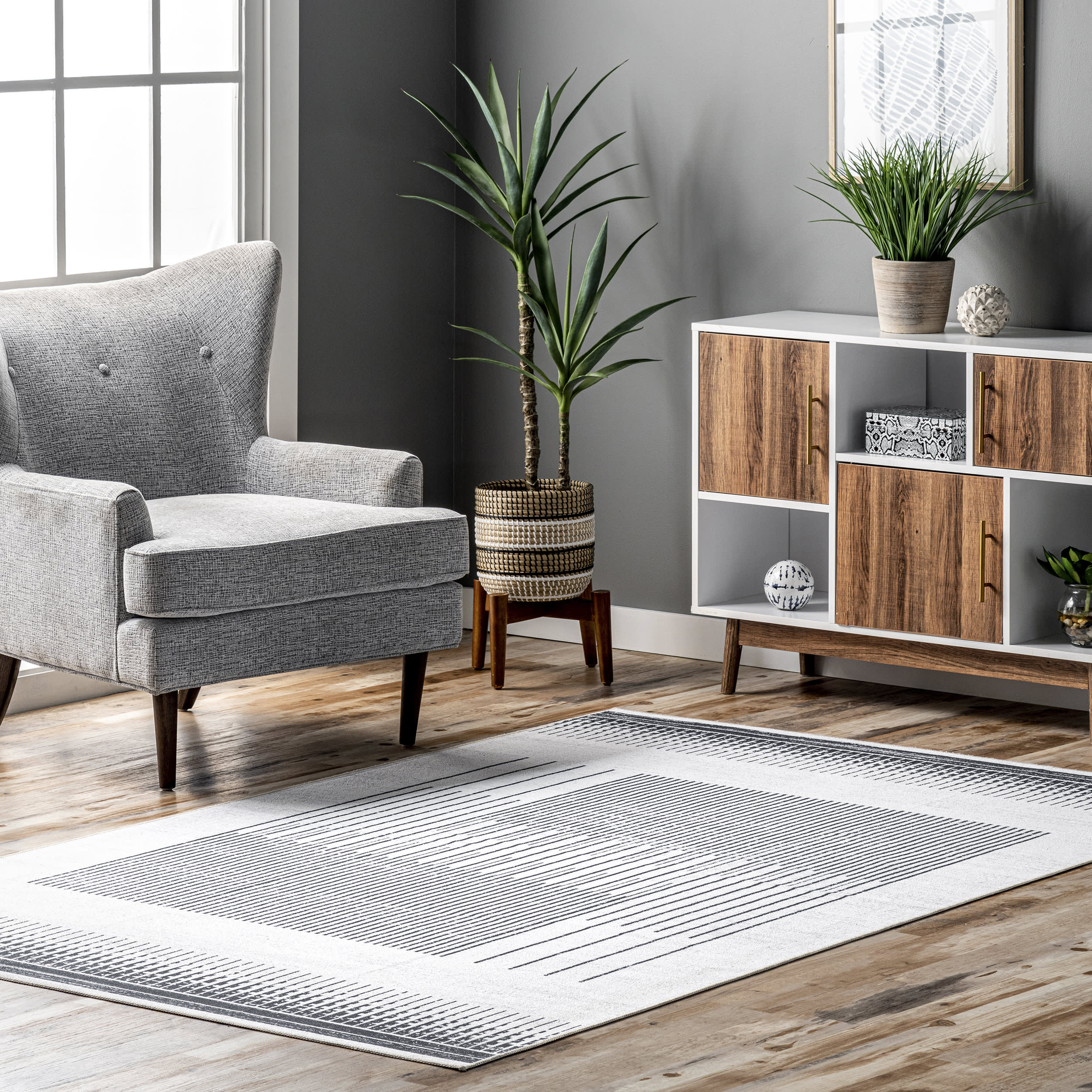 Eileen Linear Puzzle Washable Rug - Non-Slip Modern Geometric Area Rug for Living Room, Bedroom, Nursery | Machine Washable Soft Grey Carpet for Home Decor