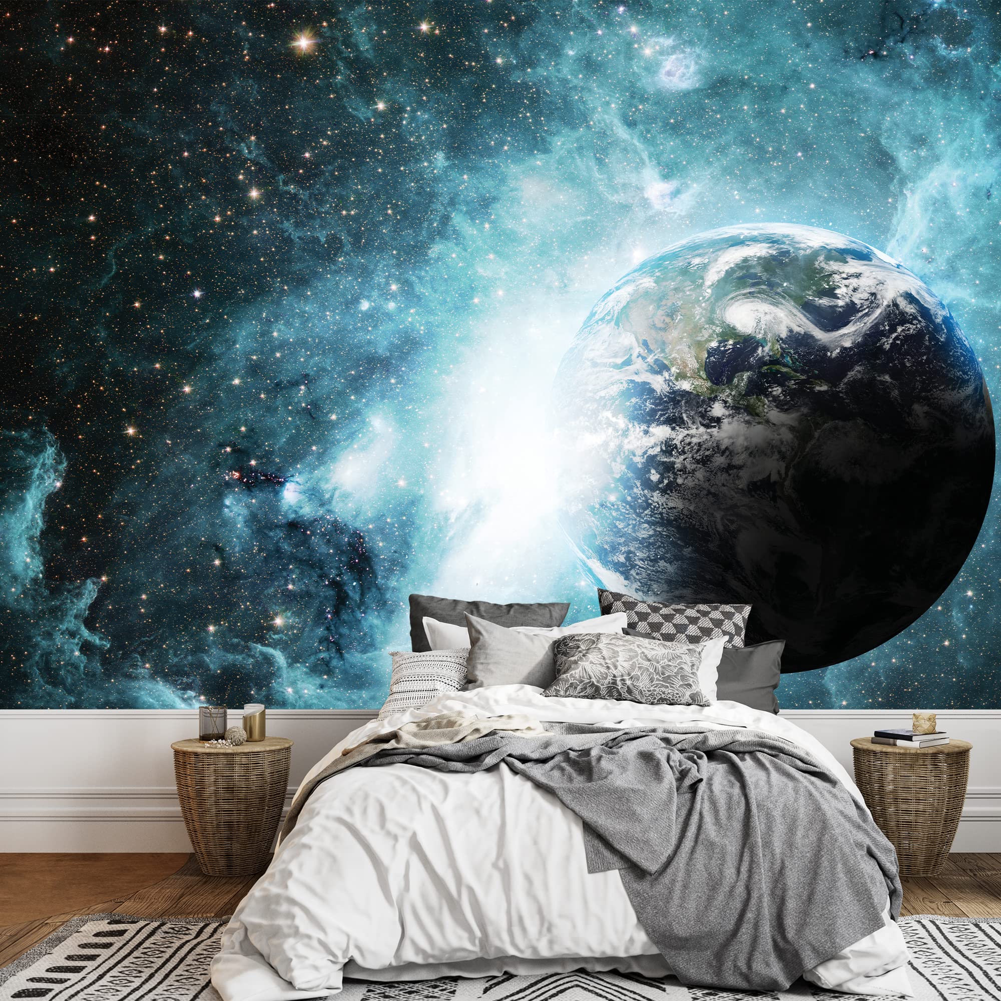 Wall26 - Earth Surrounded by Blue Galaxy Wall Mural - 66x96 Inch Removable Sticker for Home & Office Decor - Perfect for Living Room, Bedroom, or Nursery Wall Art