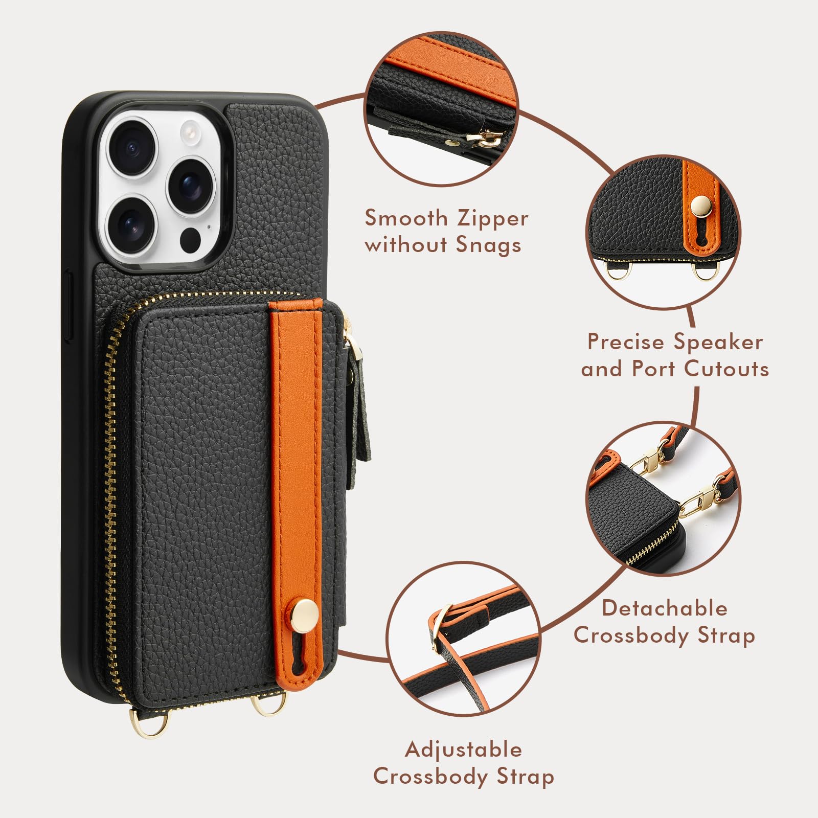 LAMEEKU iPhone 15 Pro Max Wallet Case with Card Holder & Kickstand - Leather Zipper Crossbody Phone Case with Wrist Strap & Lanyard - 6.7