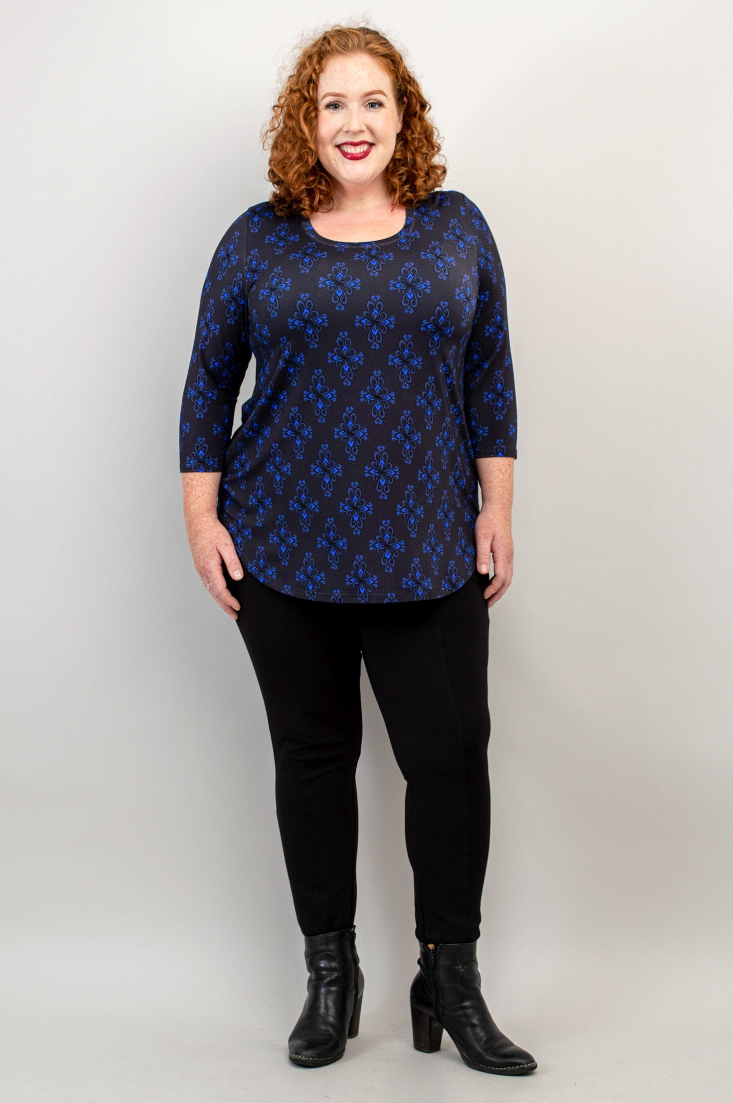 Jazz 3/4 Sleeve Top - Blue French Bamboo Cotton Blouse for Women | Perfect for Casual Wear, Office Outfits & Summer Fashion