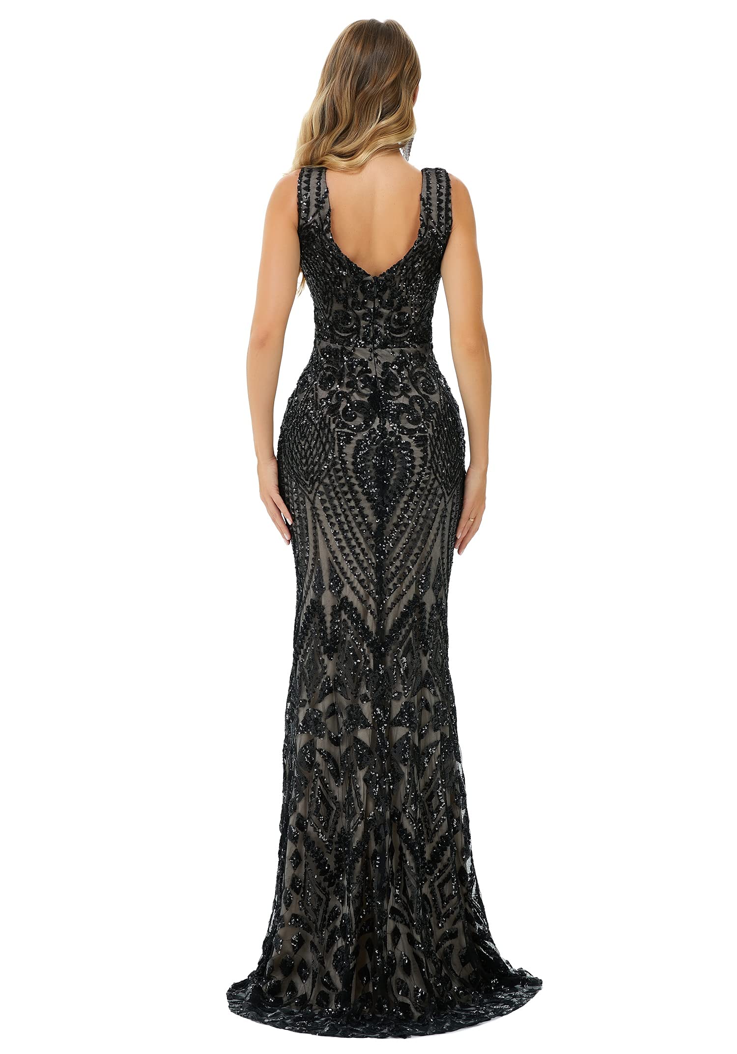 Elegant Women's Sequin V-Neck Mermaid Evening Dress - Sleeveless Bridesmaid Gown for Formal Party, Prom, Wedding, and Special Occasions