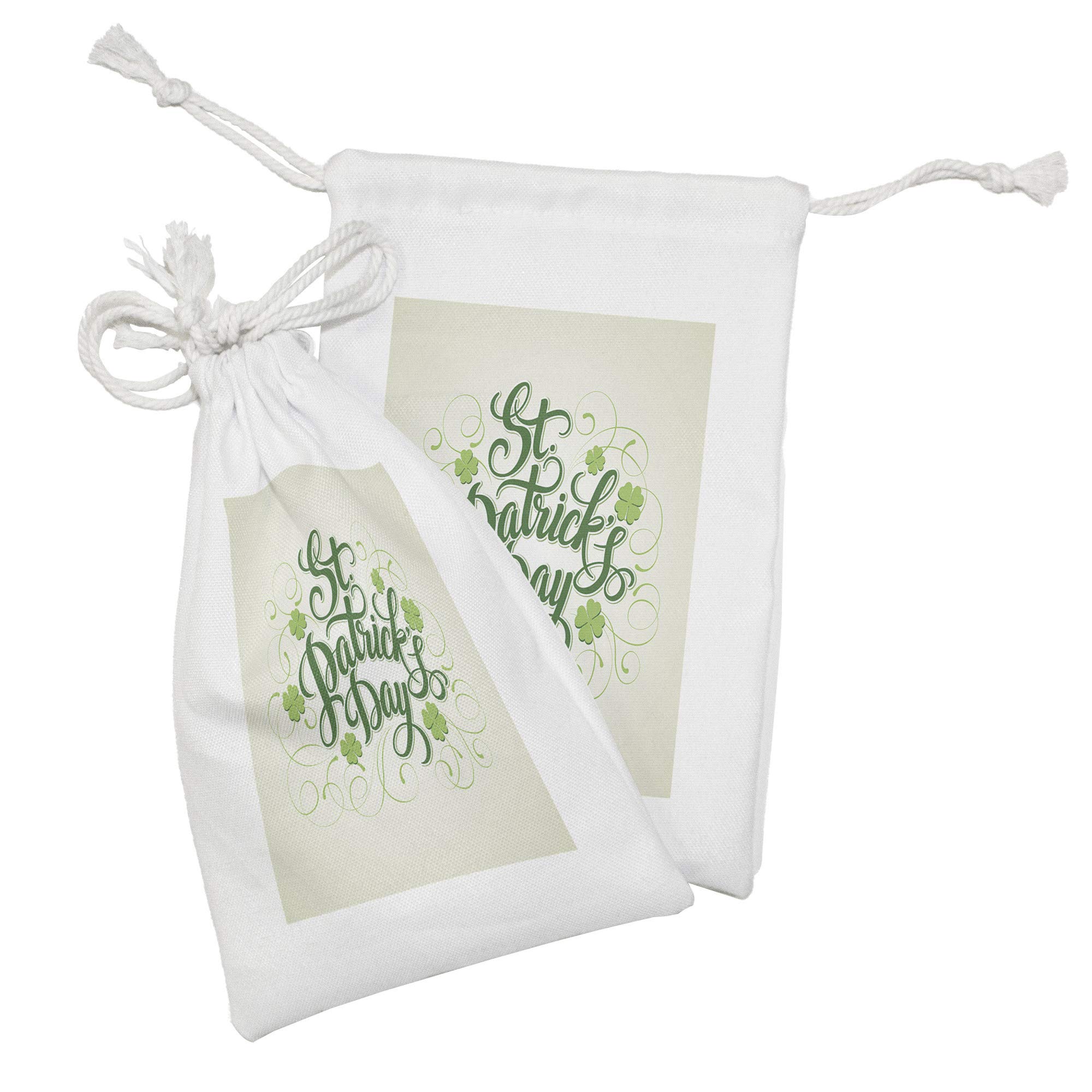Ambesonne 2-Pack Clover Fabric Pouch Set - St. Patrick's Day Themed Drawstring Bags with Shamrock & Swirl Calligraphy Design (9