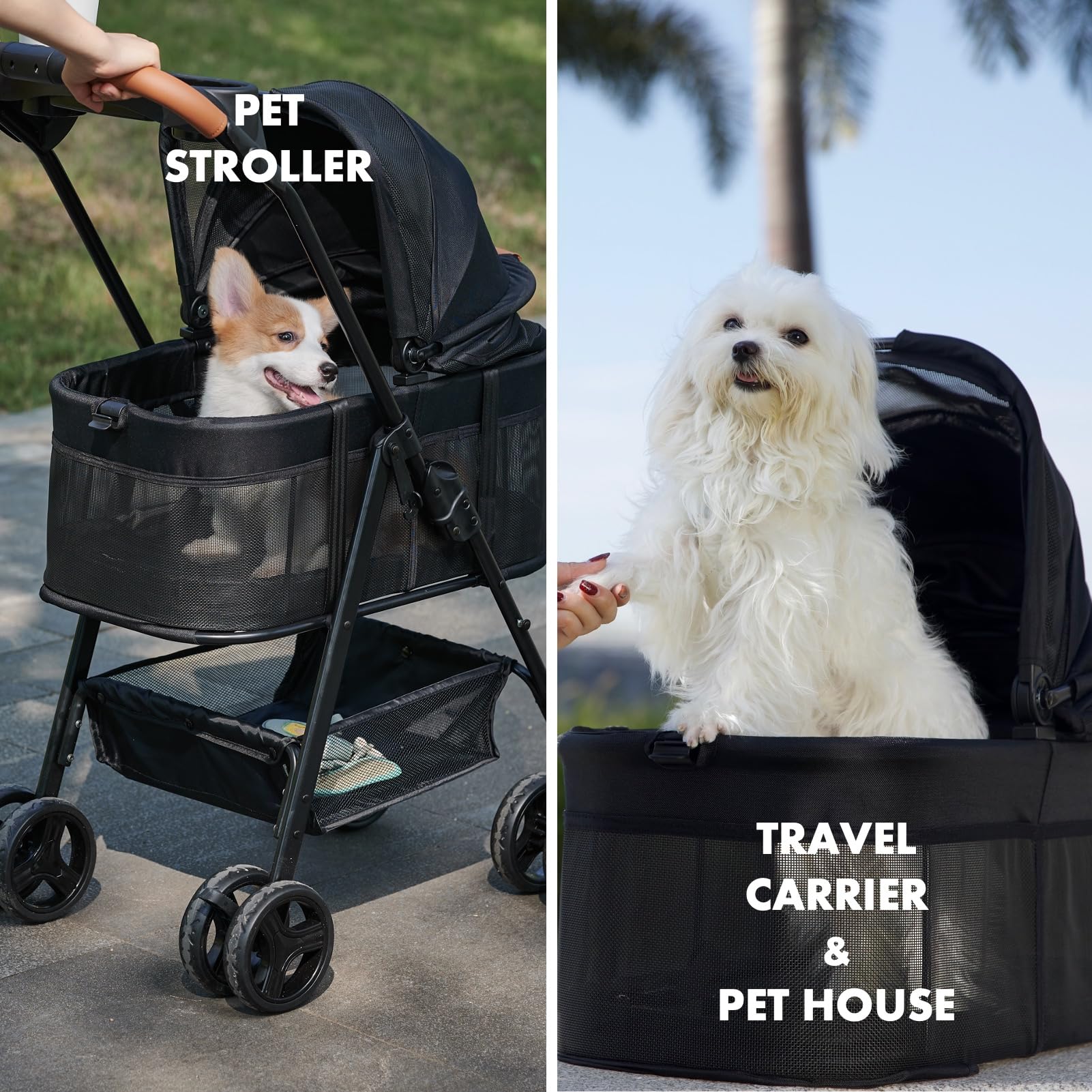 3 in 1 Folding Dog Stroller for Small & Medium Pets - Lightweight Cat Stroller with Removable Carrier, Car Seat & Sunshade - Waterproof All-Terrain Pet Stroller Holds 2 Cats or Dogs - Perfect for Park Walks, Vet Visits & Travel Adventures